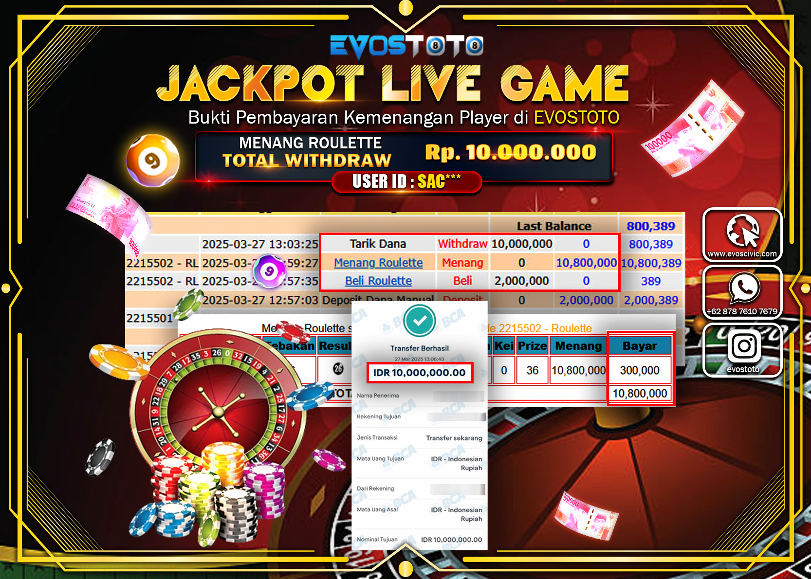 PEMBAYARAN JACKPOT LIVE GAME ROULLETE Rp.10.000.000 DI BAYAR LANGSUNG !
