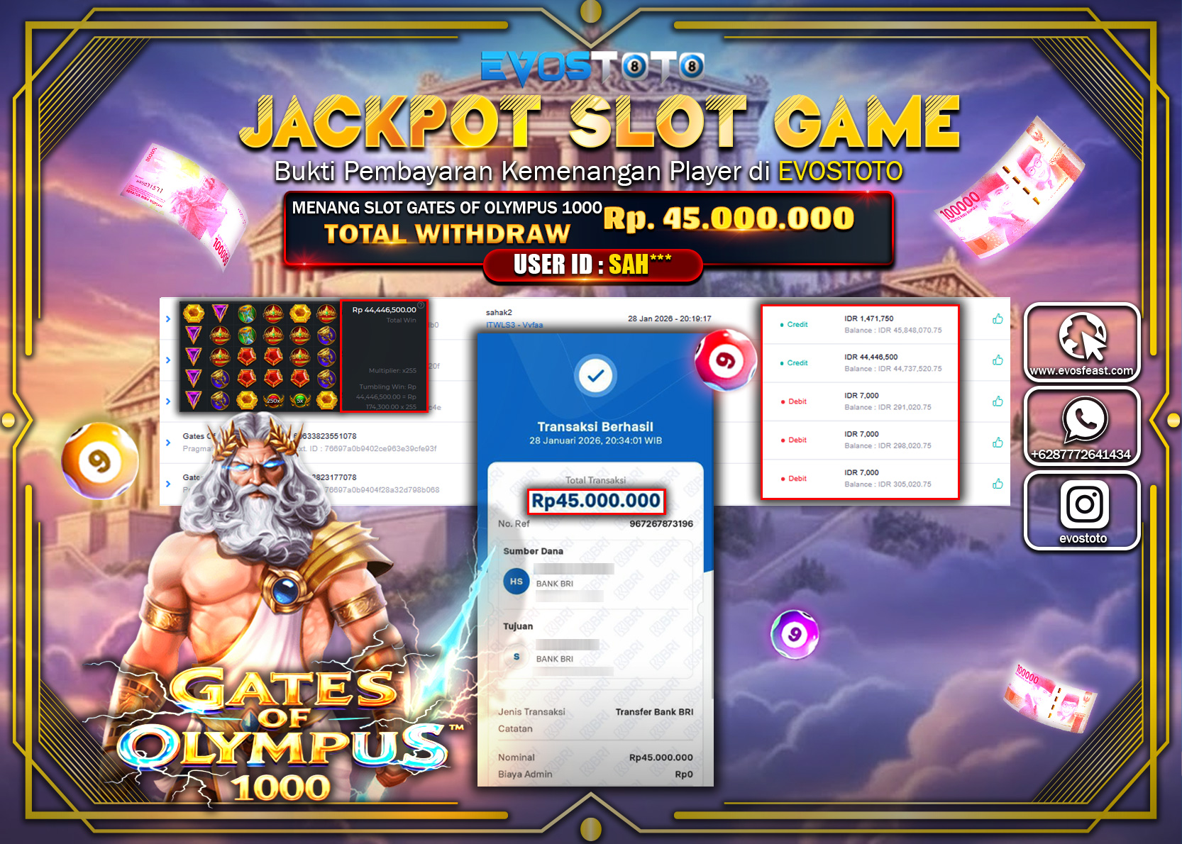 PEMBAYARAN JACKPOT SLOT GATES OF OLYMPUS 1000 Rp.45.000.000 DI BAYAR LANGSUNG !