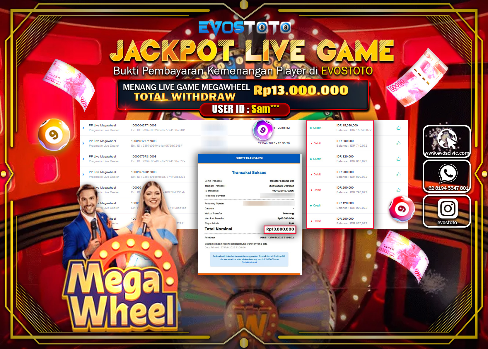 PEMBAYARAN JACKPOT LIVE GAME PP LIVE MEGAWHEEL Rp.13.000.000 DI BAYAR LANGSUNG !