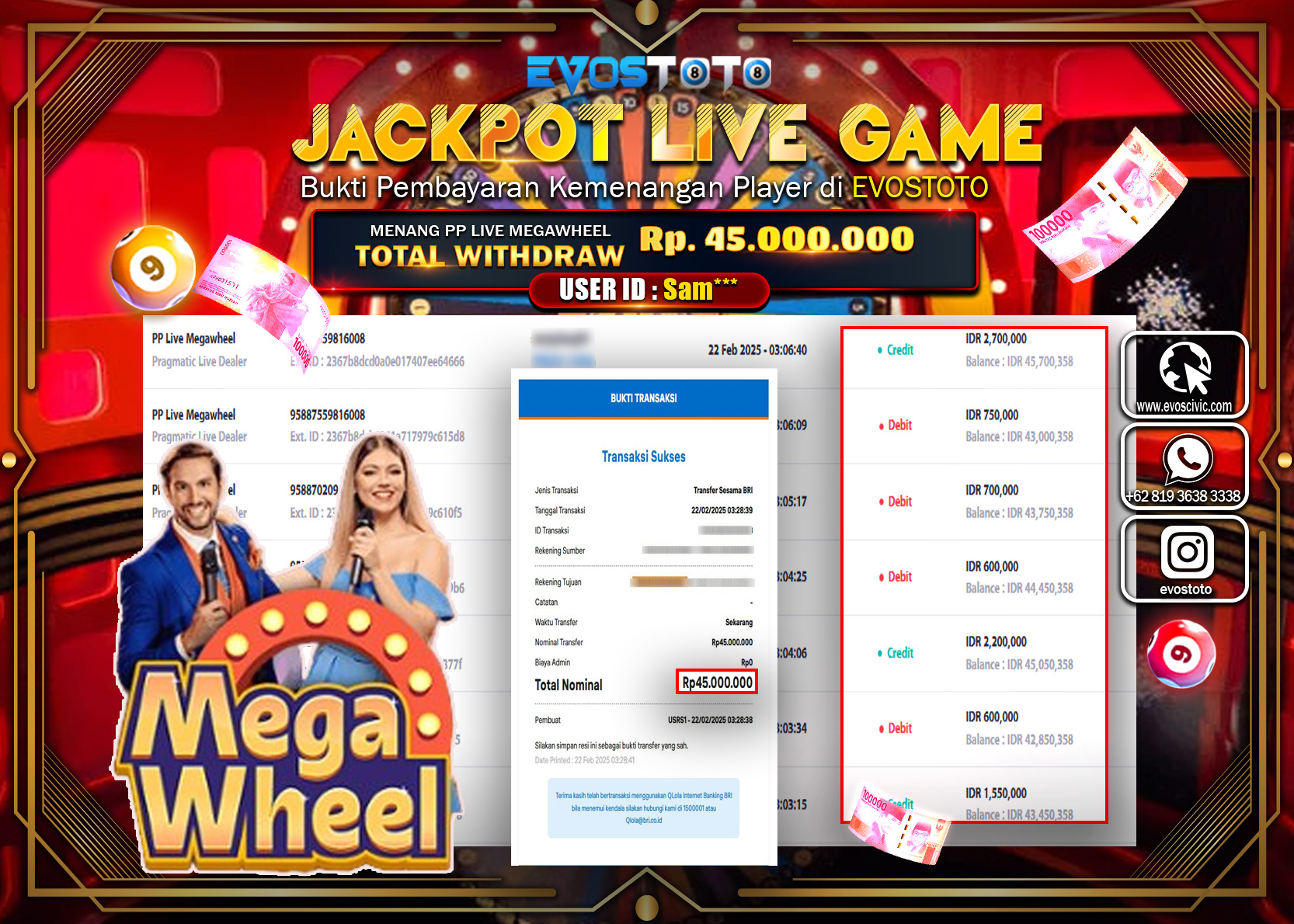 PEMBAYARAN JACKPOT LIVE GAME PP LIVE MEGAWHEEL Rp.45.000.000 DI BAYAR LANGSUNG !