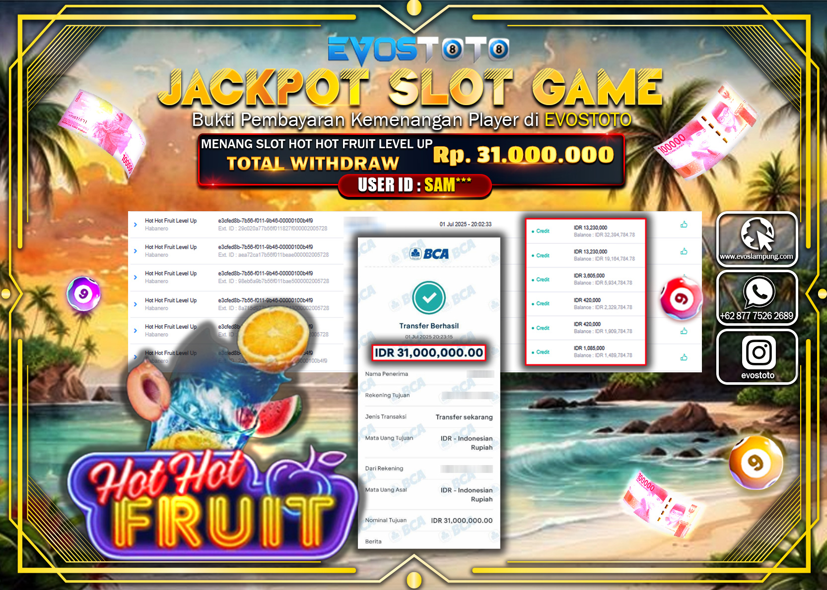 PEMBAYARAN JACKPOT SLOT HOT HOT FRUIT LEVEL UP RP31.000.000 DI BAYAR LANGSUNG !