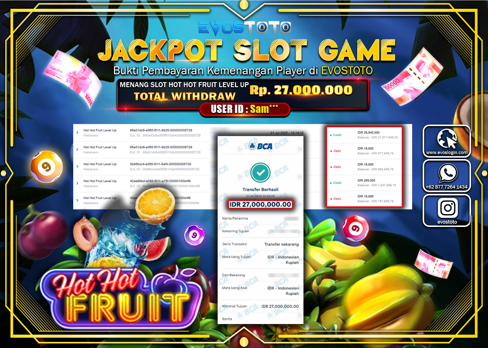 PEMBAYARAN JACKPOT SLOT HOT HOT FRUIT LEVEL UP RP27.000.000 DI BAYAR LANGSUNG !