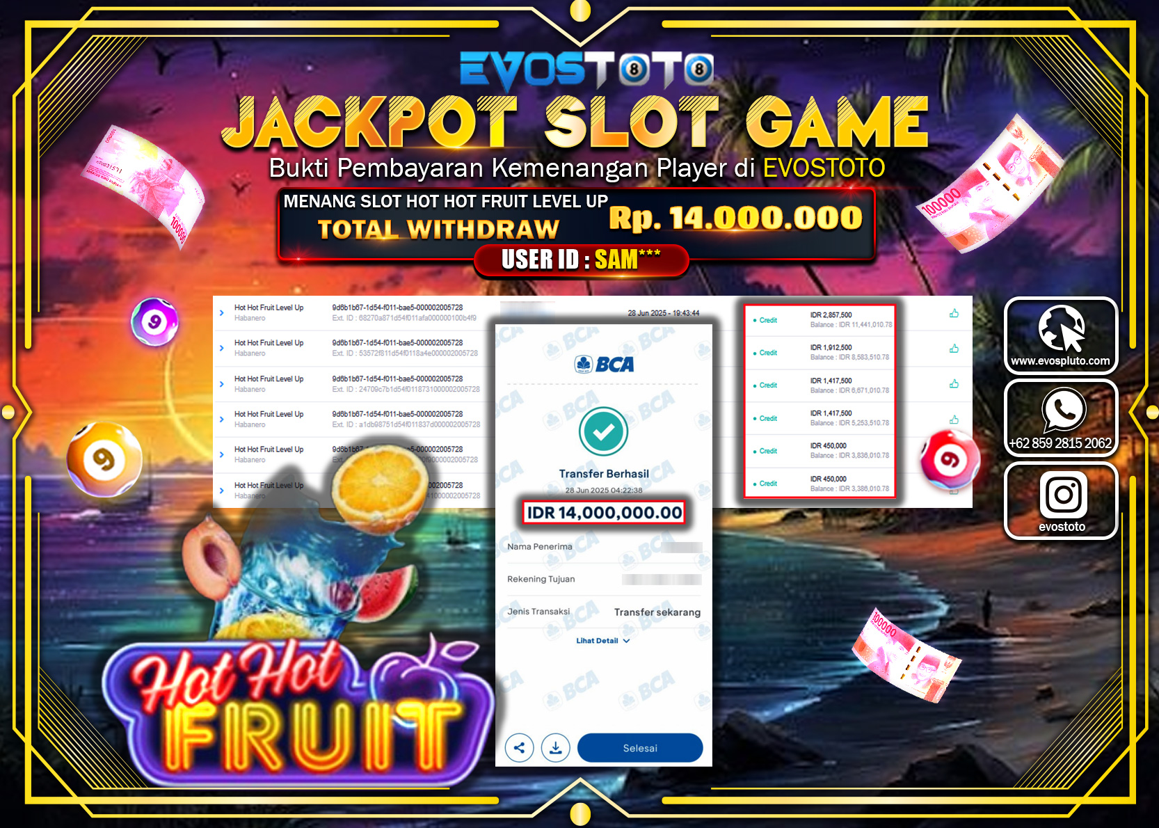 PEMBAYARAN JACKPOT SLOT HOT HOT FRUIT LEVEL UP RP14.000.000 DI BAYAR LANGSUNG !