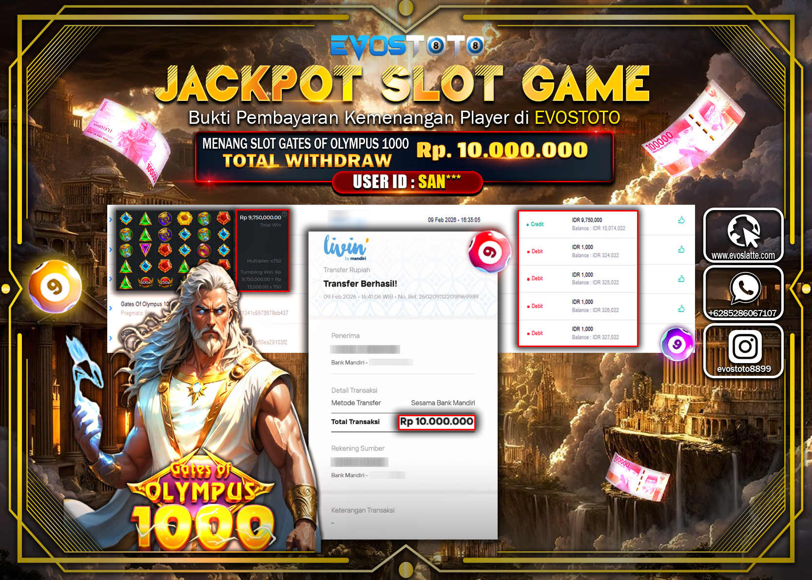 PEMBAYARAN JACKPOT SLOT GATES OF OLYMPUS 1000 Rp.10.000.000 DI BAYAR LANGSUNG !
