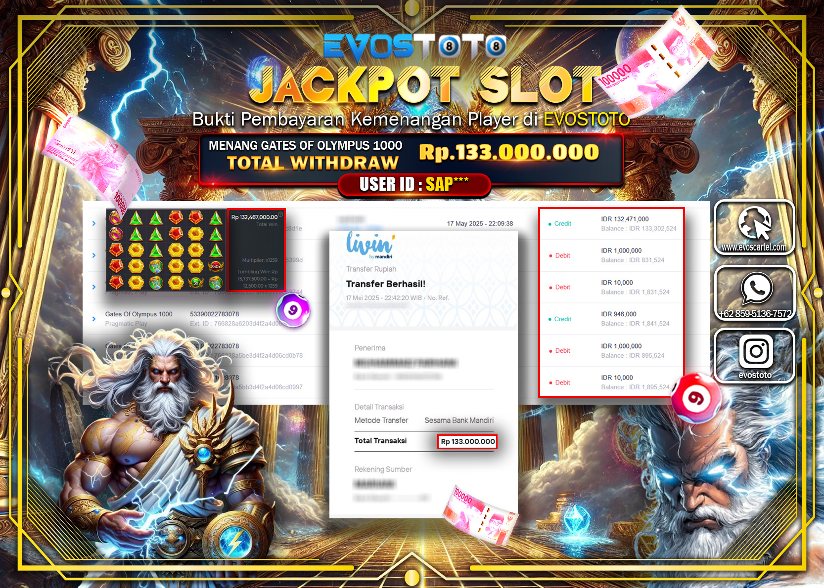 PEMBAYARAN JACKPOT SLOT GATES OF OLYMPUS 1000  Rp133.000.000 DI BAYAR LANGSUNG !
