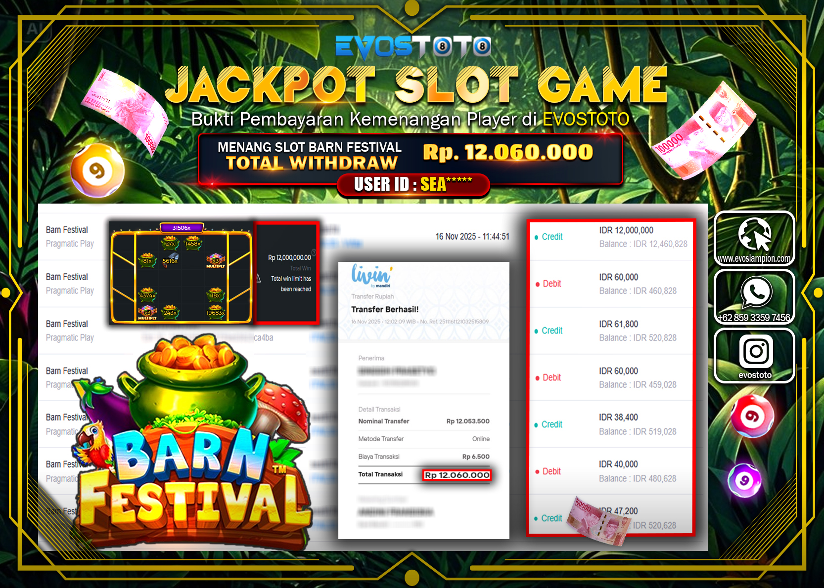 PEMBAYARAN JACKPOT SLOT BARN FESTIVAL Rp12.060.000 DI BAYAR LANGSUNG !