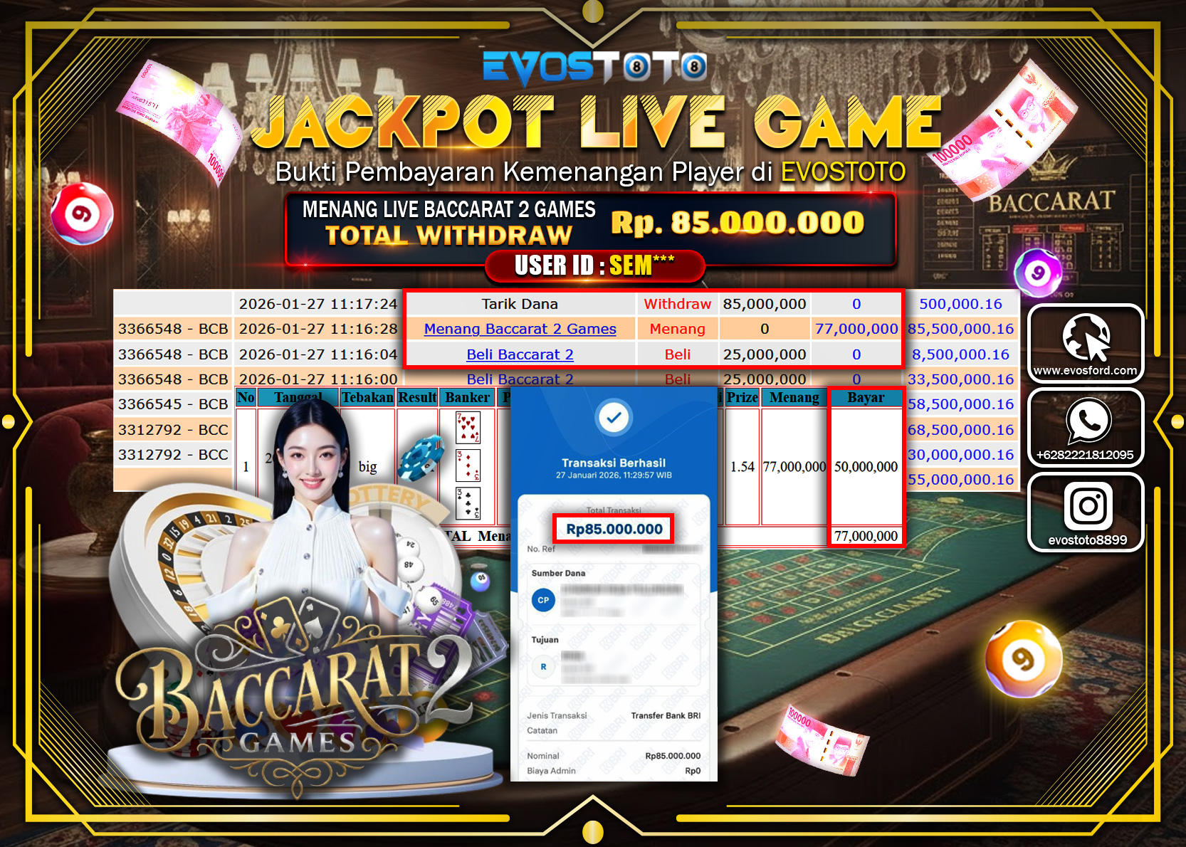 PEMBAYARAN JACKPOT LIVE BACCARAT 2 GAMES Rp.85.000.000 DI BAYAR LANGSUNG !