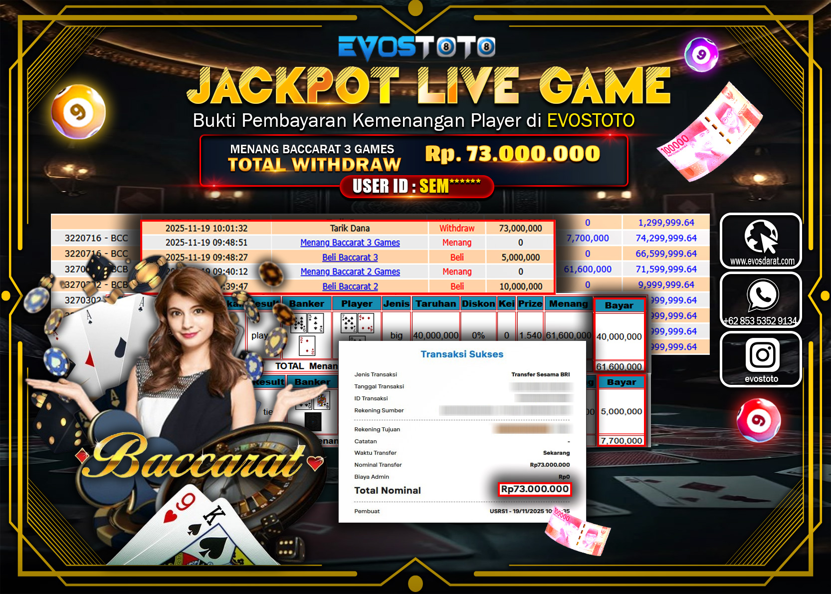 PEMBAYARAN JACKPOT LIVE GAME BACCARAT 3 GAMES Rp73.000.000 DI BAYAR LANGSUNG !