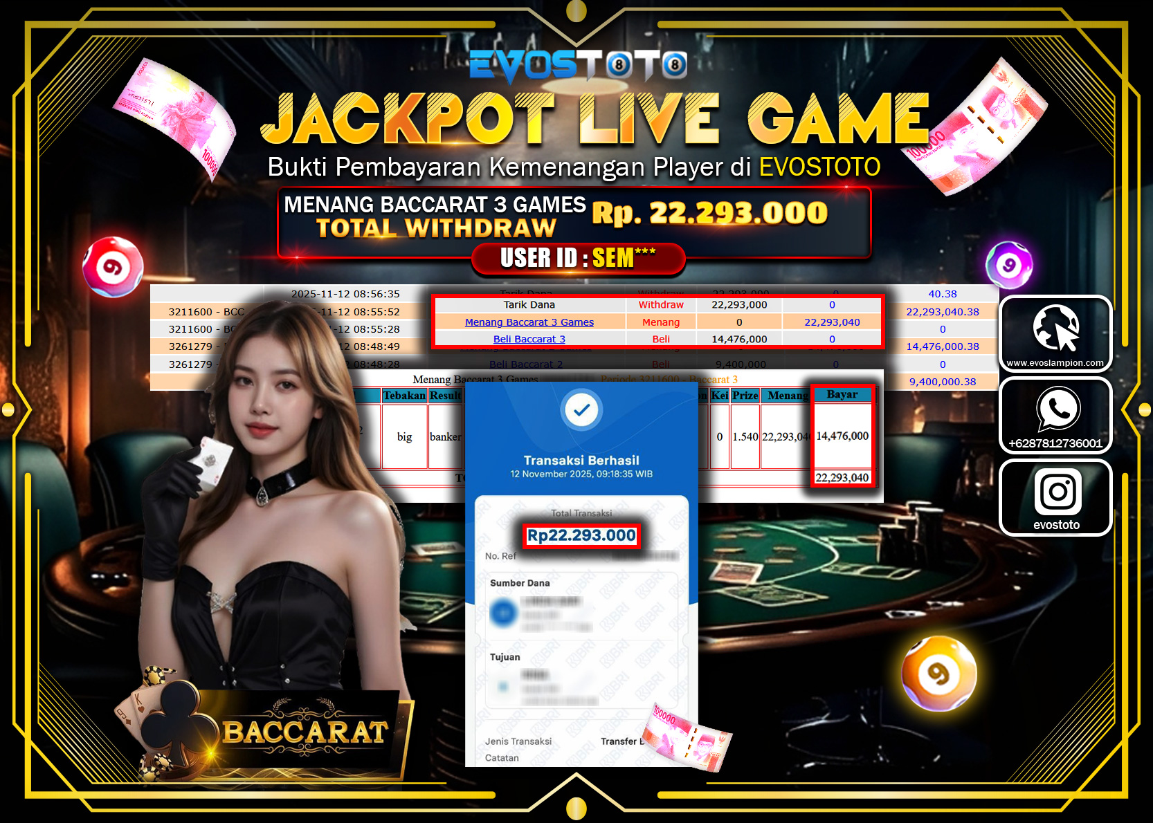 PEMBAYARAN JACKPOT LIVE GAME BACCARAT 3 GAMES Rp22.293.000 DI BAYAR LANGSUNG !
