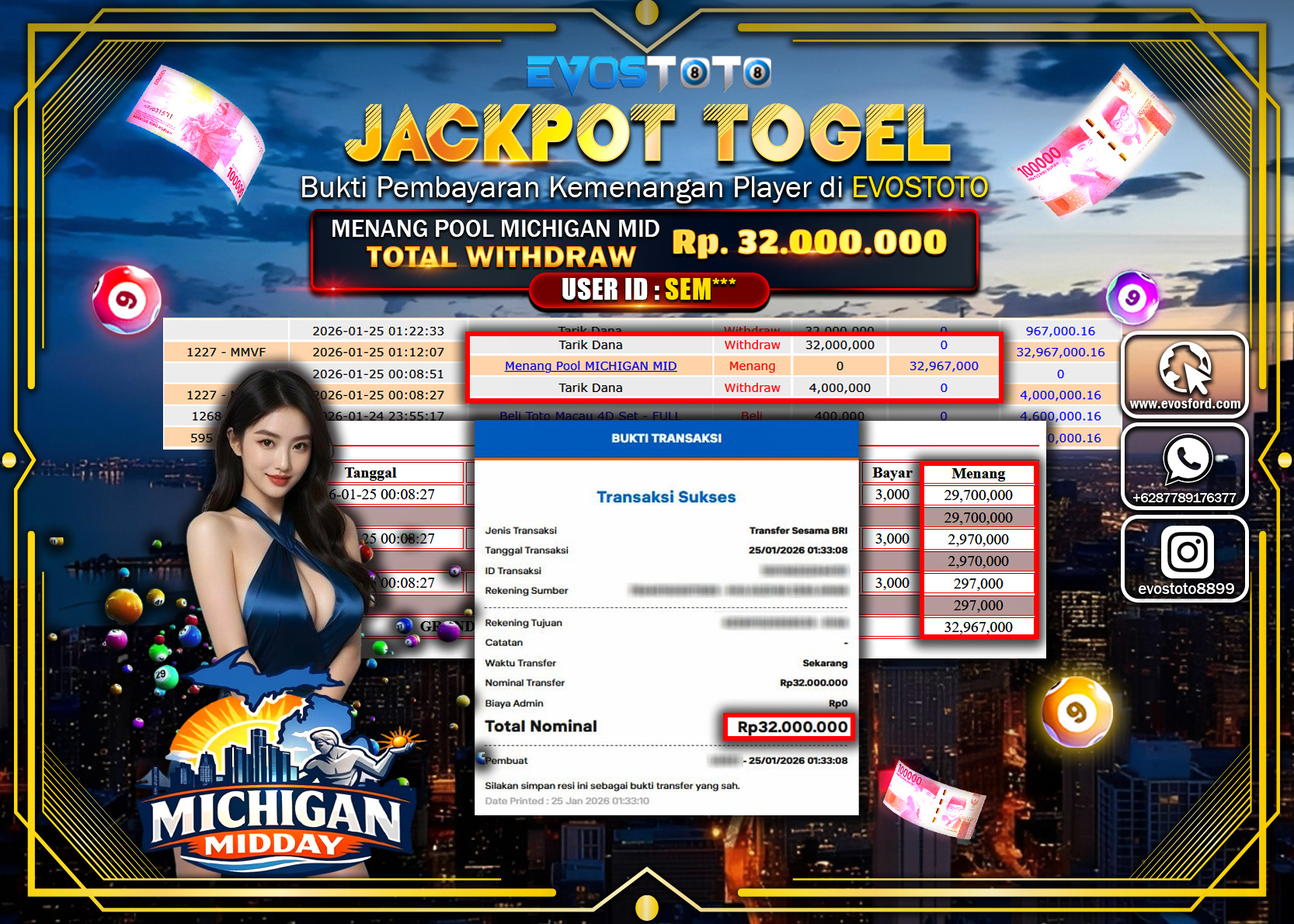 PEMBAYARAN JACKPOT TOGEL POOL MICHIGAN MID Rp.32.000.000 DI BAYAR LANGSUNG !