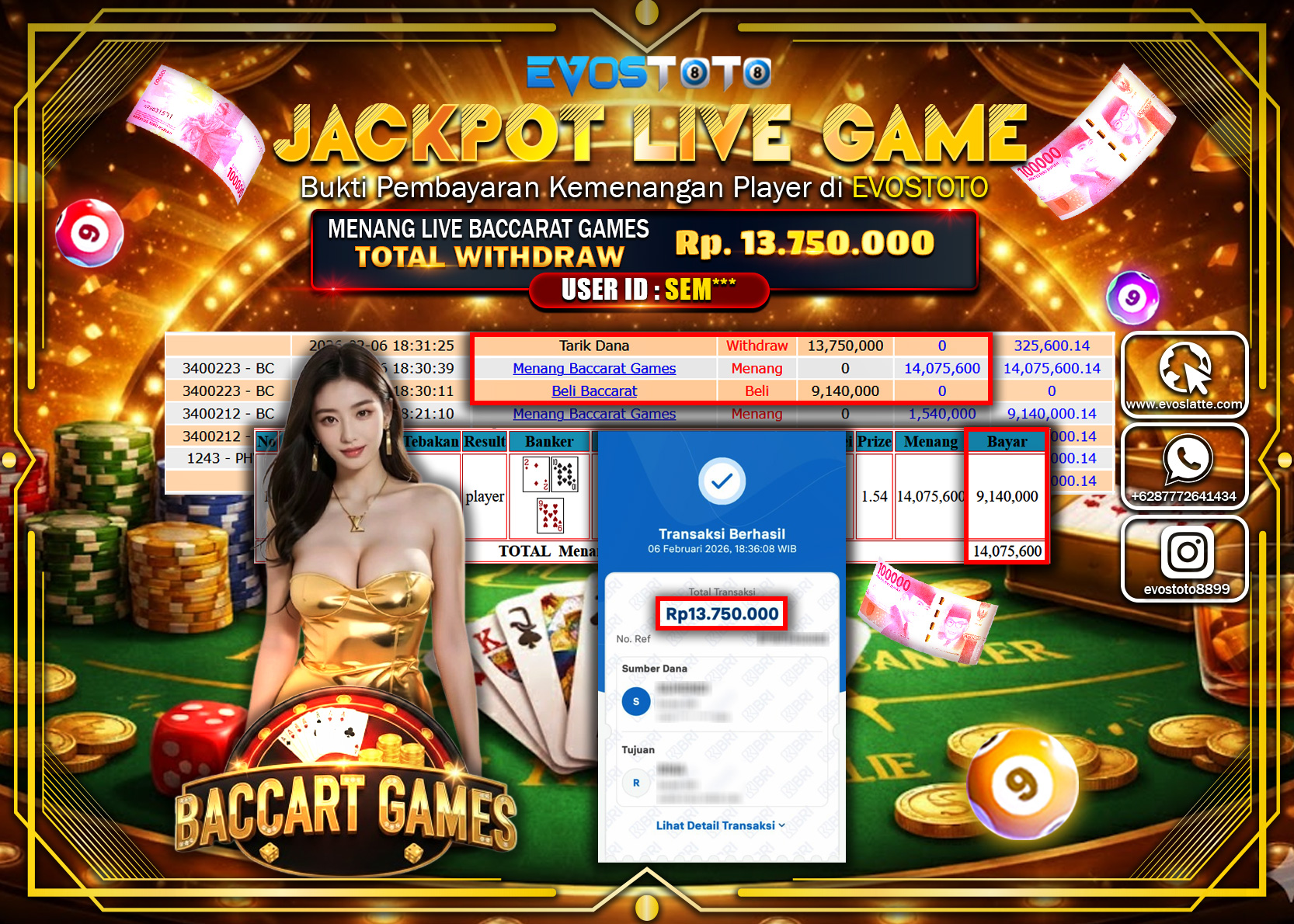 PEMBAYARAN JACKPOT LIVE GAME BACCARAT GAMES Rp.13.750.000 DI BAYAR LANGSUNG !