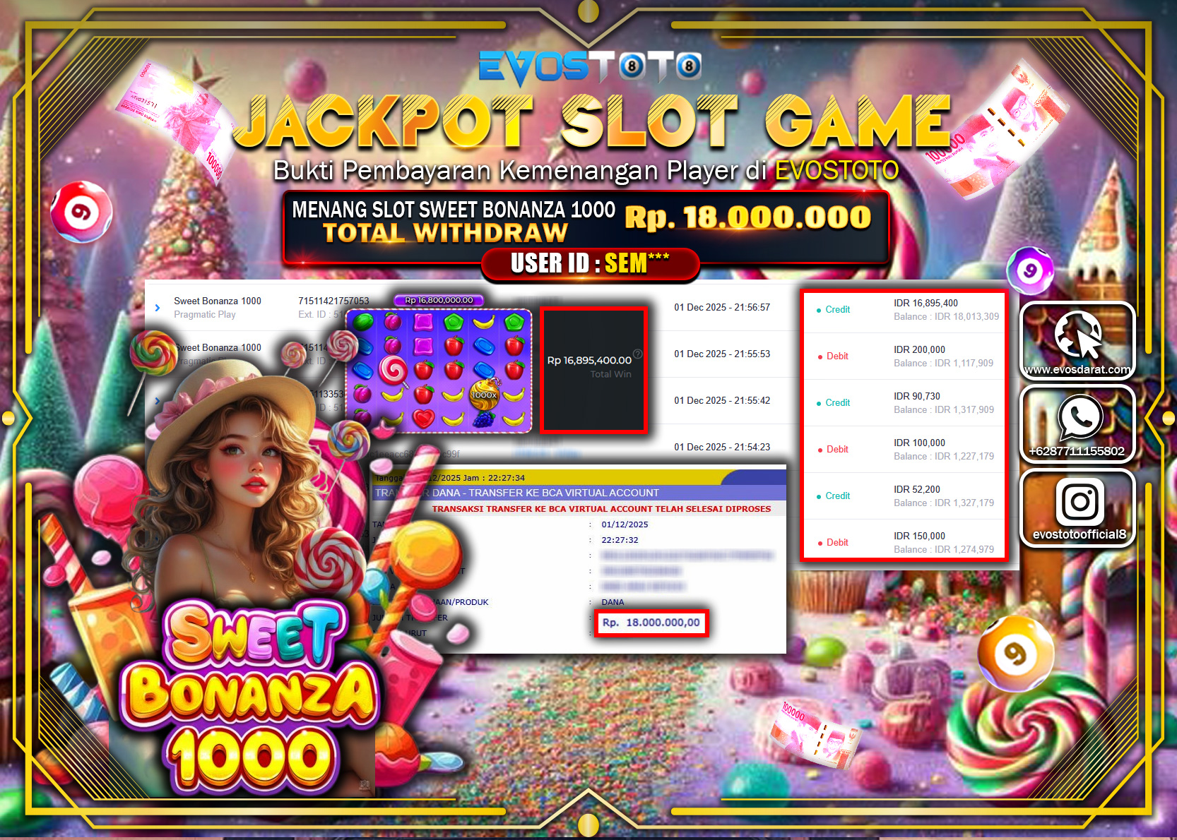 PEMBAYARAN JACKPOT SLOT SWEET BONANZA 1000 Rp.18.000.000 DI BAYAR LANGSUNG !