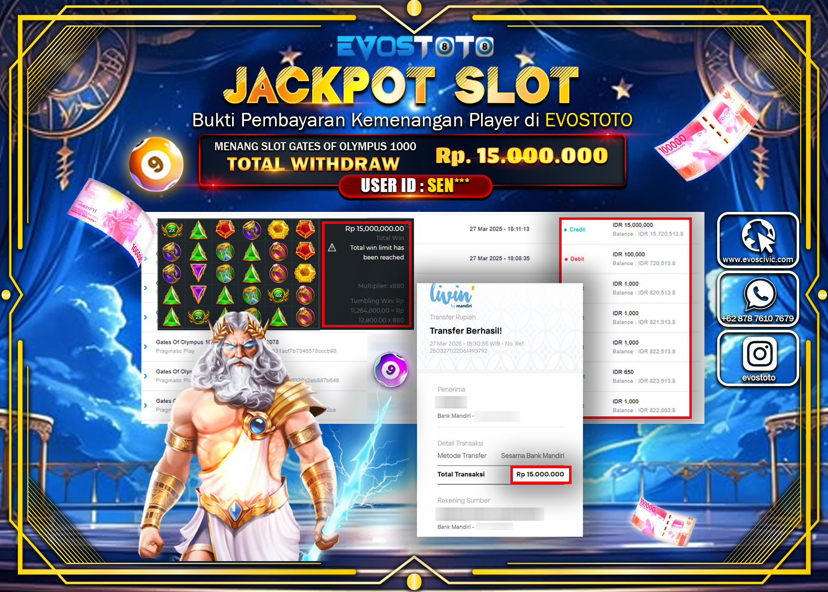 PEMBAYARAN JACKPOT SLOT GATES OF OLYMPUS 1000 Rp. 15.000.000 DI BAYAR LANGSUNG !