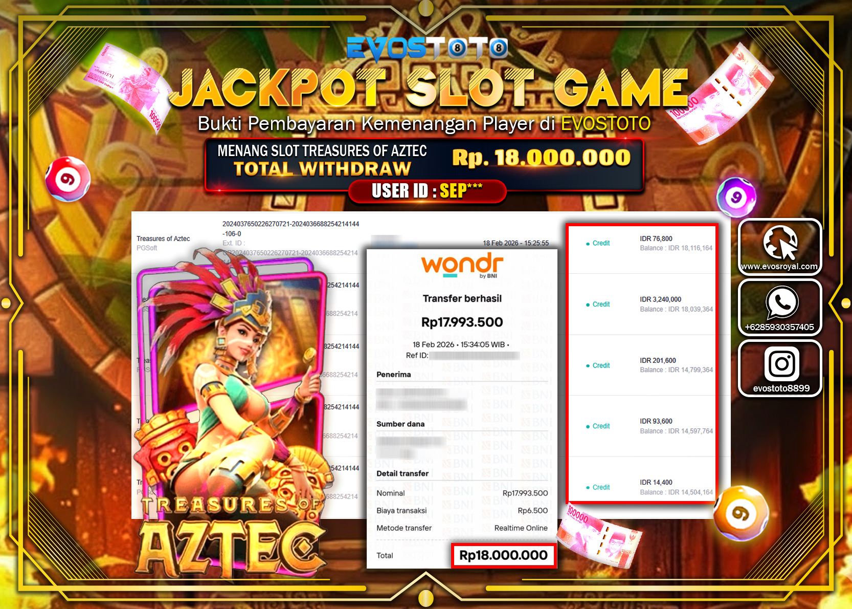 PEMBAYARAN JACKPOT SLOT TREASURES OF AZTEC Rp.18.000.000 DI BAYAR LANGSUNG !