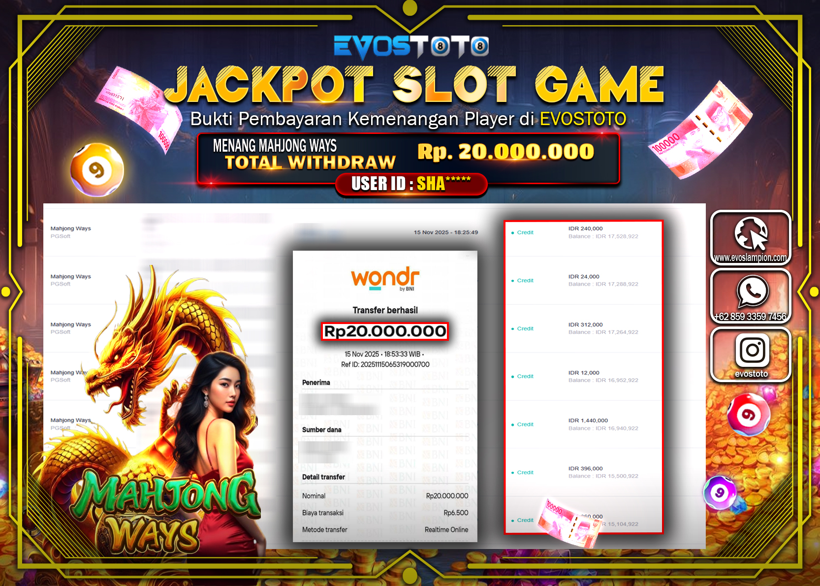 PEMBAYARAN JACKPOT MAHJONG WAYS Rp20.000.000 DI BAYAR LANGSUNG !