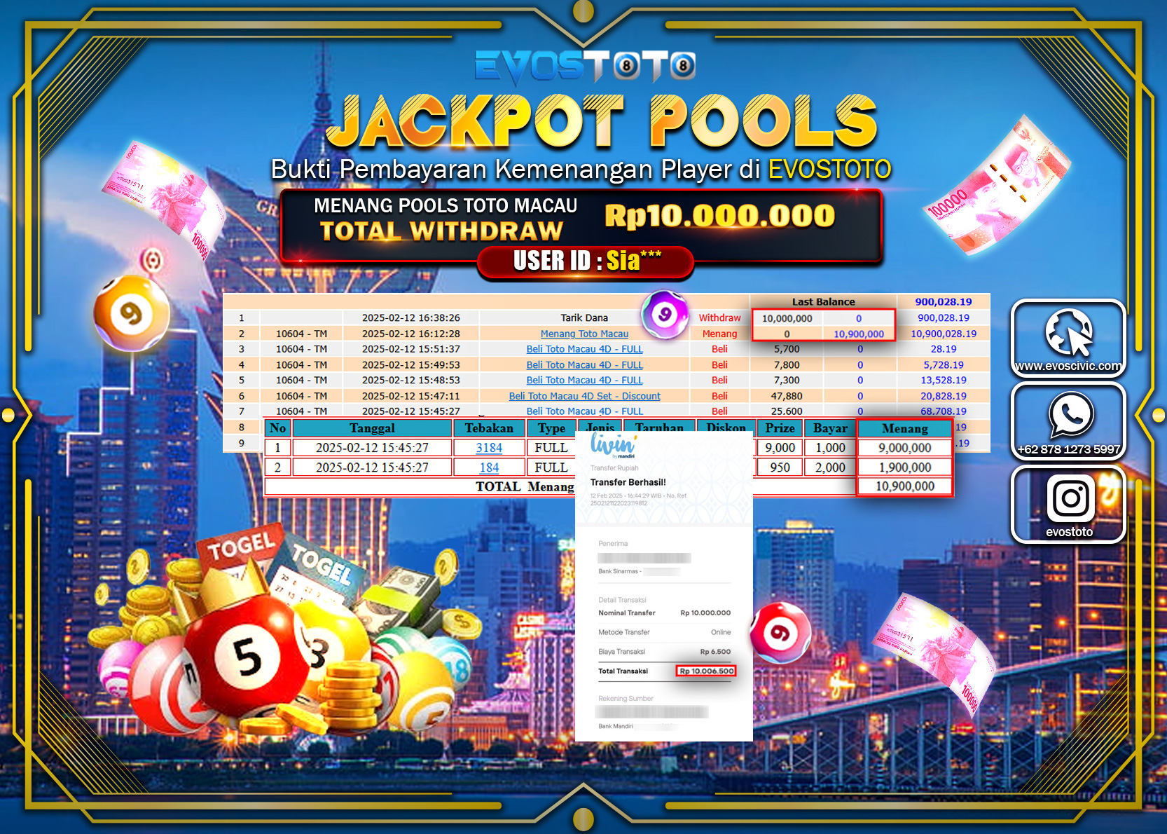 PEMBAYARAN JACKPOT POOLS TOTO MACAU Rp.10.000.000 DI BAYAR LANGSUNG !