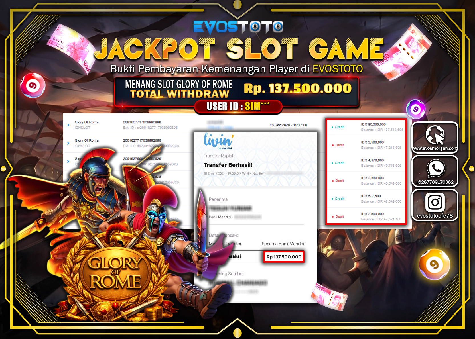 PEMBAYARAN JACKPOT SLOT GLORY OF ROME Rp.137.500.000 DI BAYAR LANGSUNG !