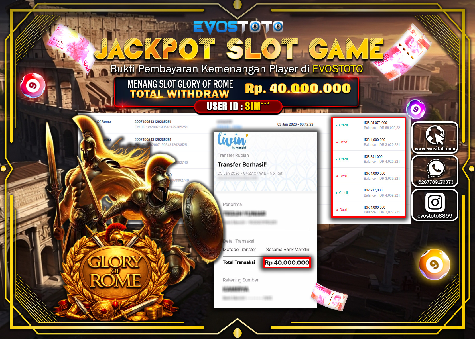 PEMBAYARAN JACKPOT SLOT GLORY OF ROME Rp.40.000.000 DI BAYAR LANGSUNG !