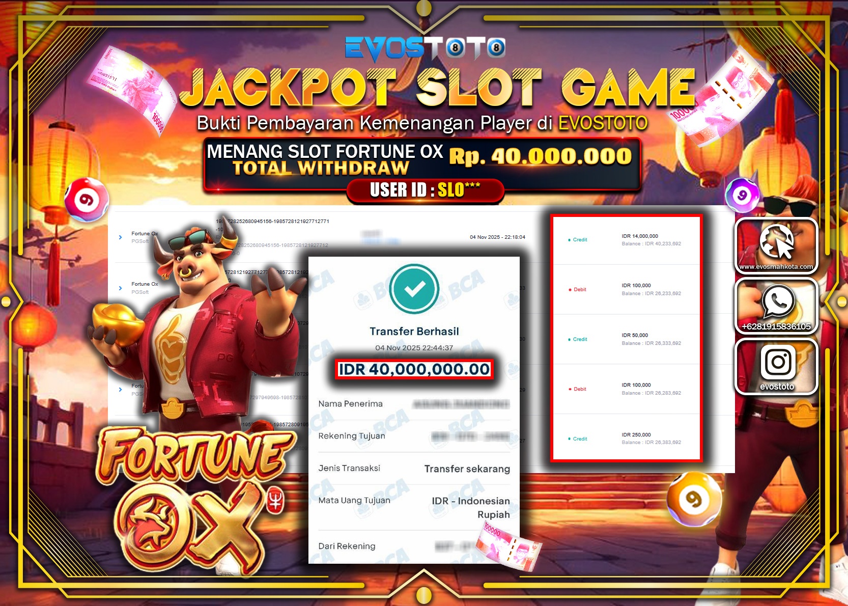PEMBAYARAN JACKPOT SLOT FORTUNE OX Rp40.000.000 DI BAYAR LANGSUNG !