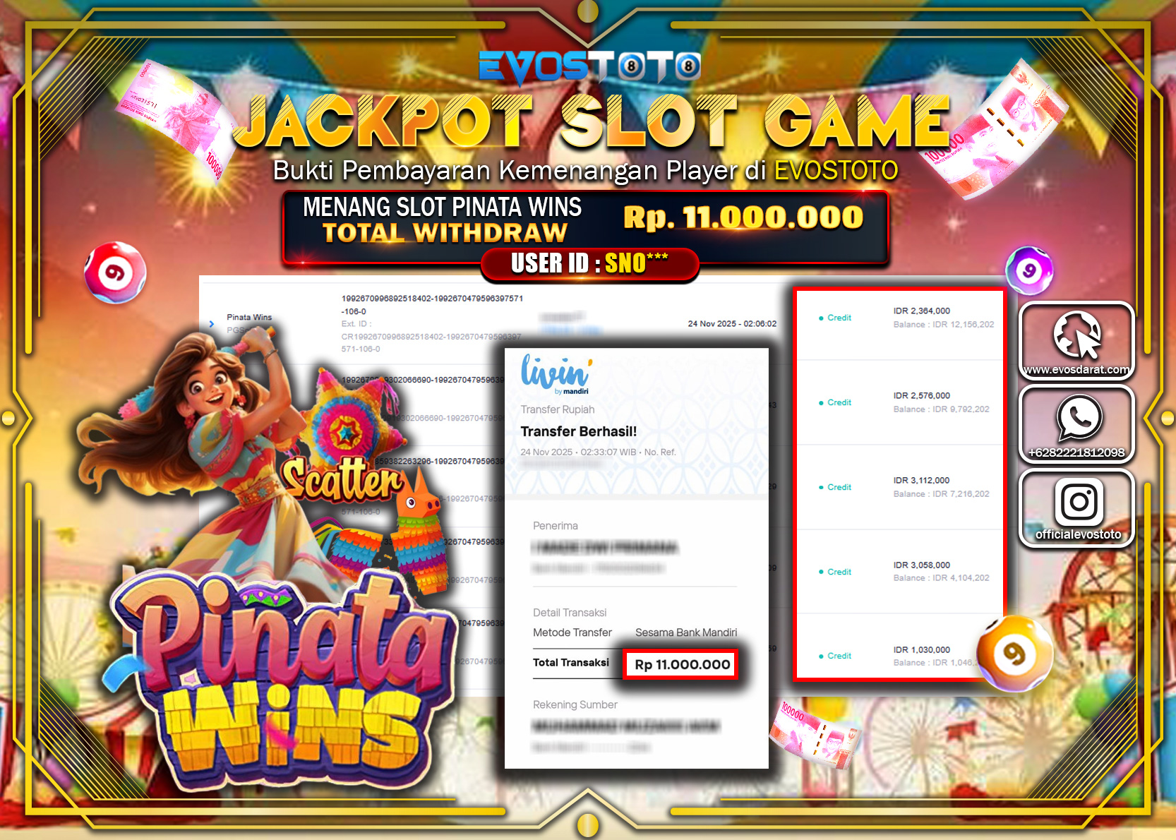 PEMBAYARAN JACKPOT SLOT PINATA WINS Rp.11.000.000 DI BAYAR LANGSUNG !