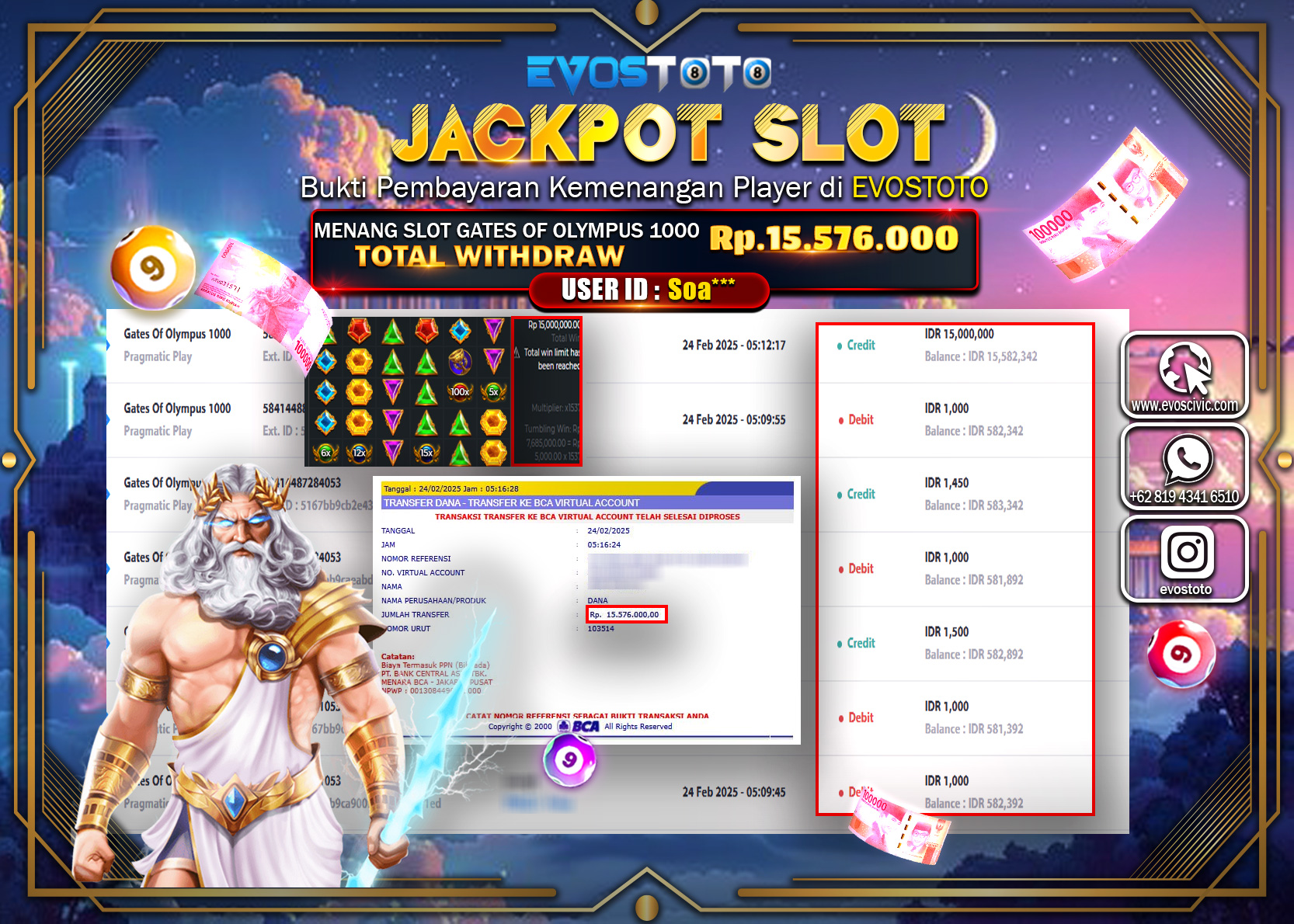 PEMBAYARAN JACKPOT SLOT GATES OF OLYMPUS 1000 Rp.15.576.000 DI BAYAR LANGSUNG !