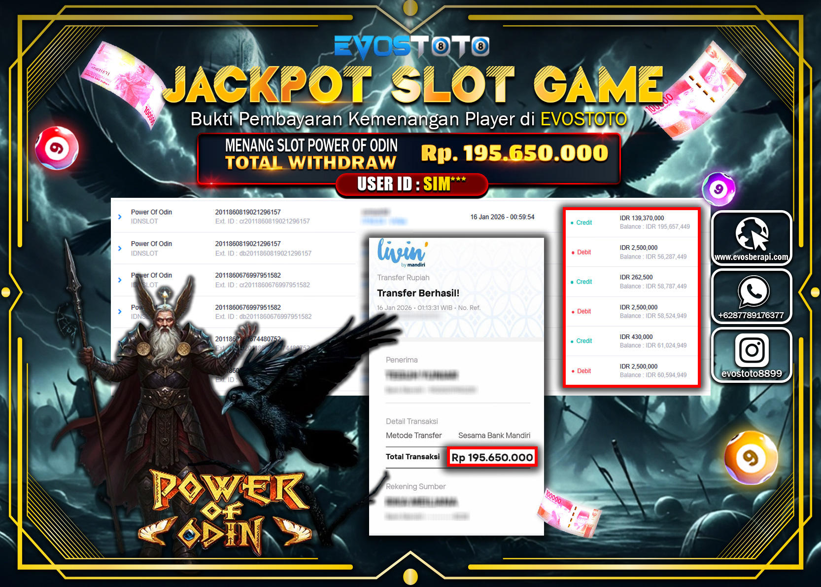 PEMBAYARAN JACKPOT SLOT POWER OF ODIN Rp.195.650.000 DI BAYAR LANGSUNG !