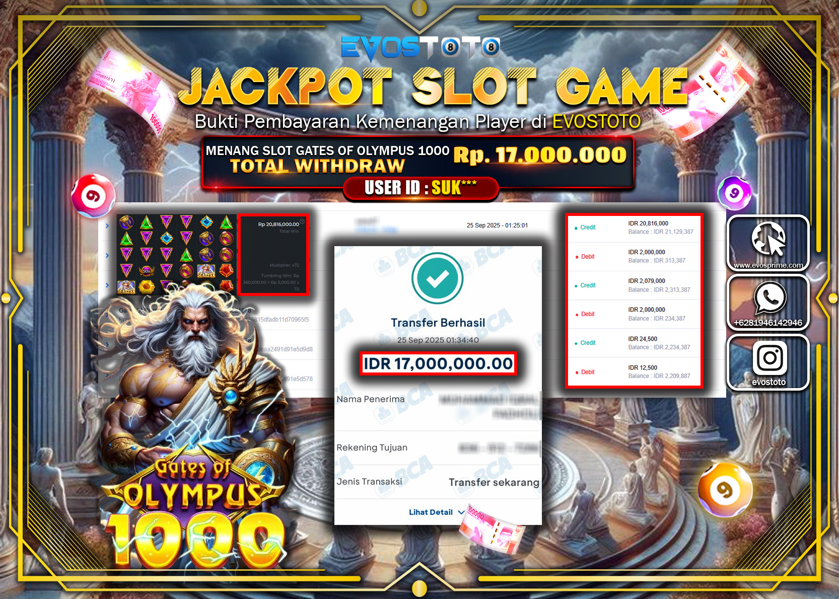 PEMBAYARAN JACKPOT SLOT GATES OF OLYMPUS 1000 Rp17.000.000 DI BAYAR LANGSUNG !