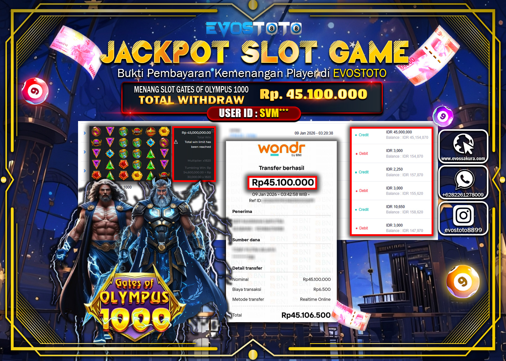 PEMBAYARAN JACKPOT SLOT GATES OF OLYMPUS 1000 Rp.45.100.000 DI BAYAR LANGSUNG !