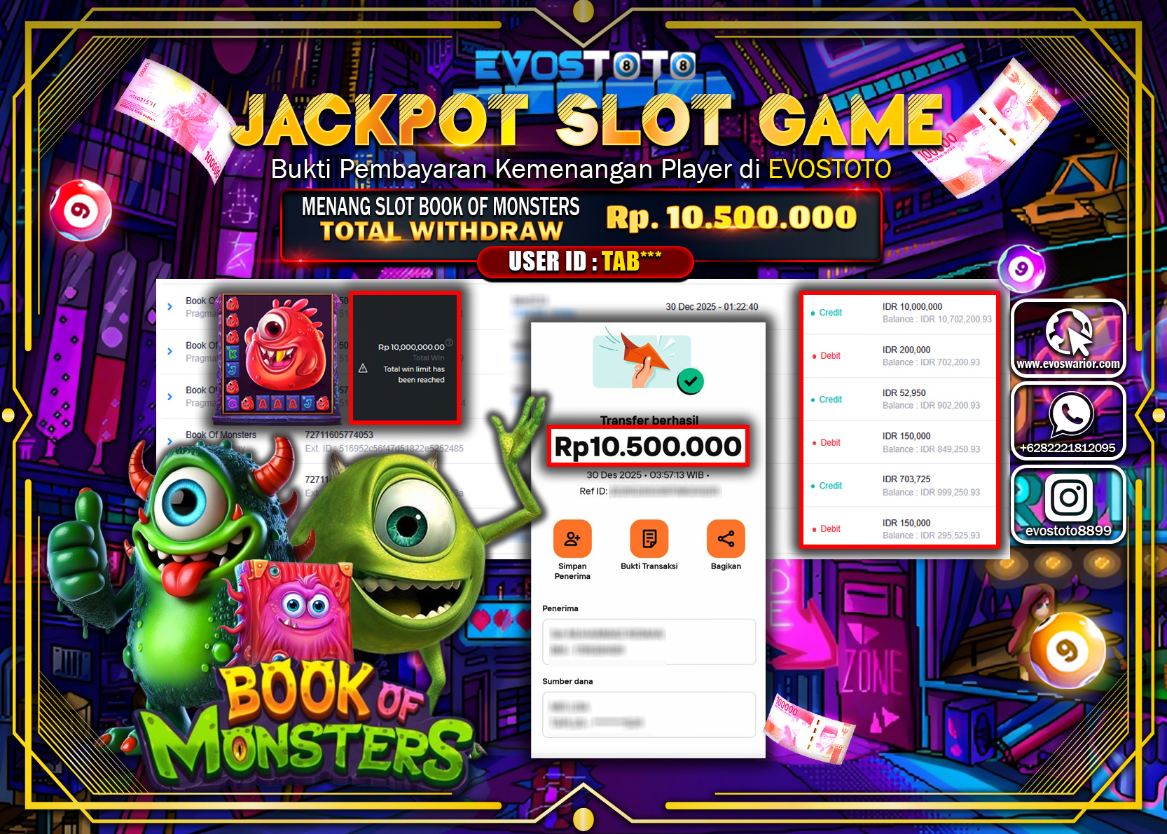 PEMBAYARAN JACKPOT SLOT BOOK OF MONSTERS Rp.10.500.000 DI BAYAR LANGSUNG !