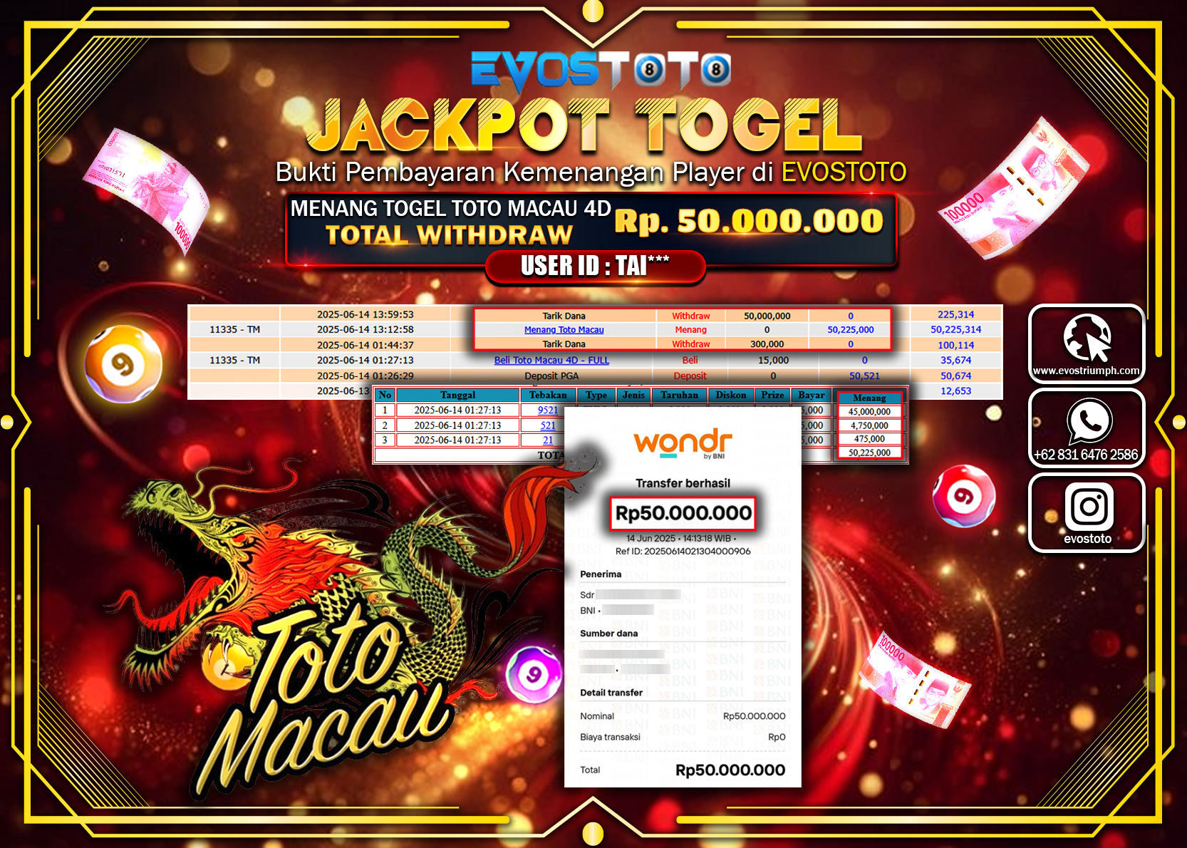 PEMBAYARAN JACKPOT TOGEL TOTO MACAU 4D 50.000.000 DI BAYAR LANGSUNG !
