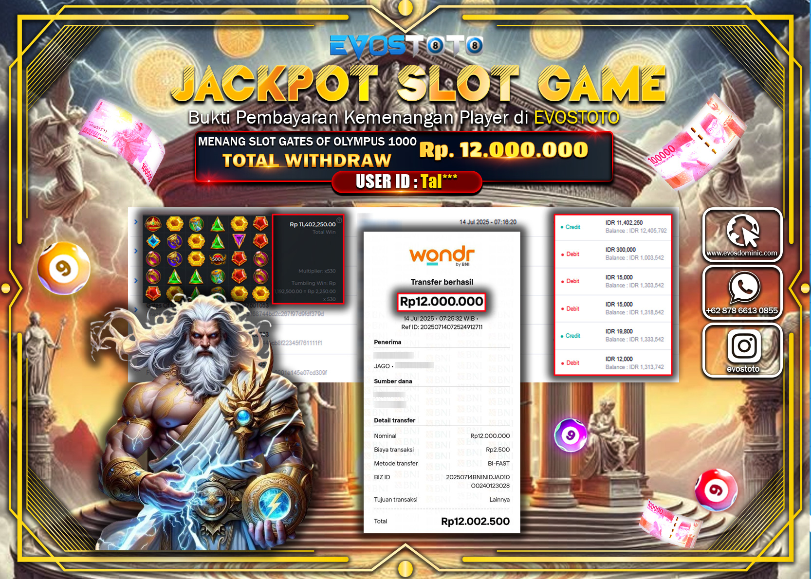 PEMBAYARAN JACKPOT SLOT SLOT GATES OF OLYMPUS 1000 RP.12.000.000 DI BAYAR LANGSUNG !