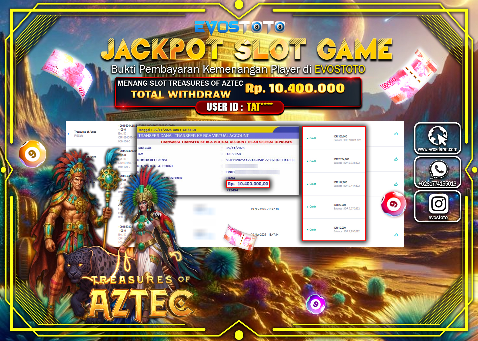 PEMBAYARAN JACKPOT SLOT TREASURES OF AZTEC Rp.10.400.000 DI BAYAR LANGSUNG !