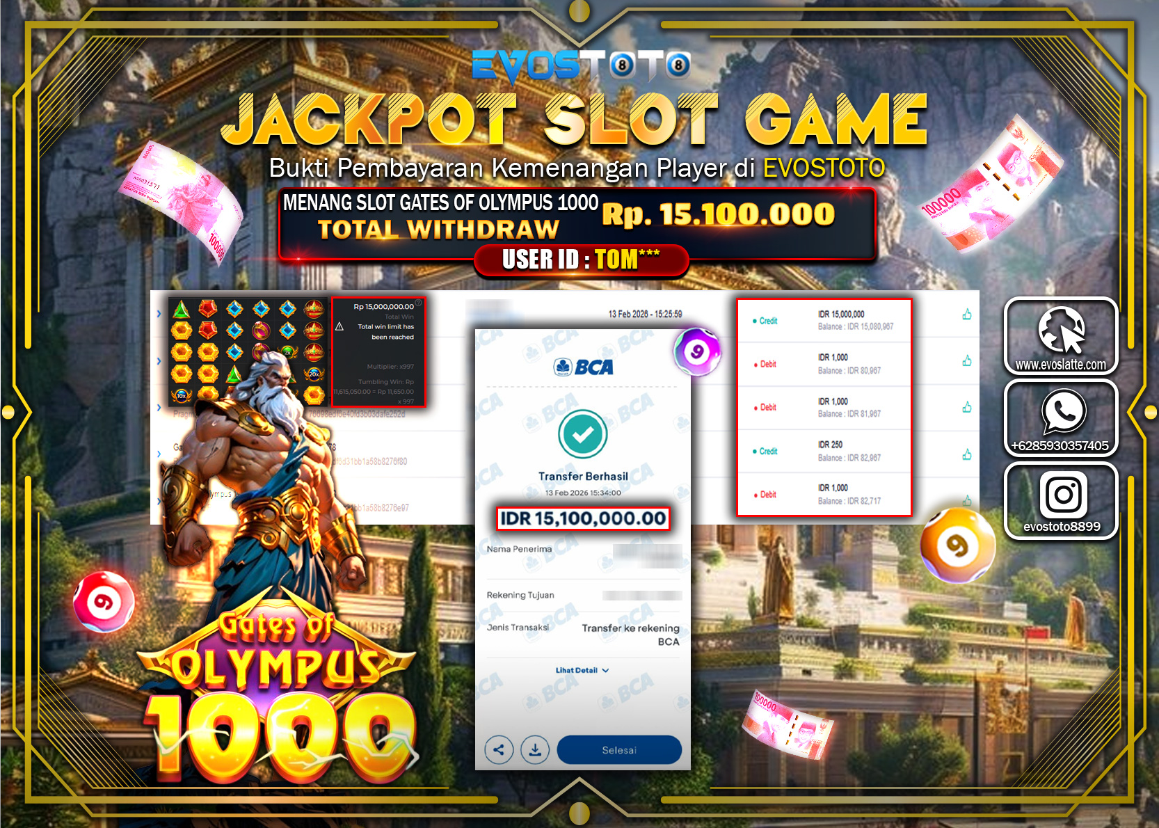 PEMBAYARAN JACKPOT SLOT GATES OF OLYMPUS 1000 Rp.15.100.000 DI BAYAR LANGSUNG !