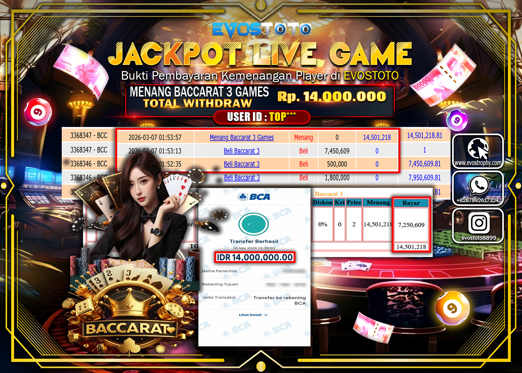 PEMBAYARAN JACKPOT BACCARAT 3 GAMES Rp.13.000.000 DI BAYAR LANGSUNG !