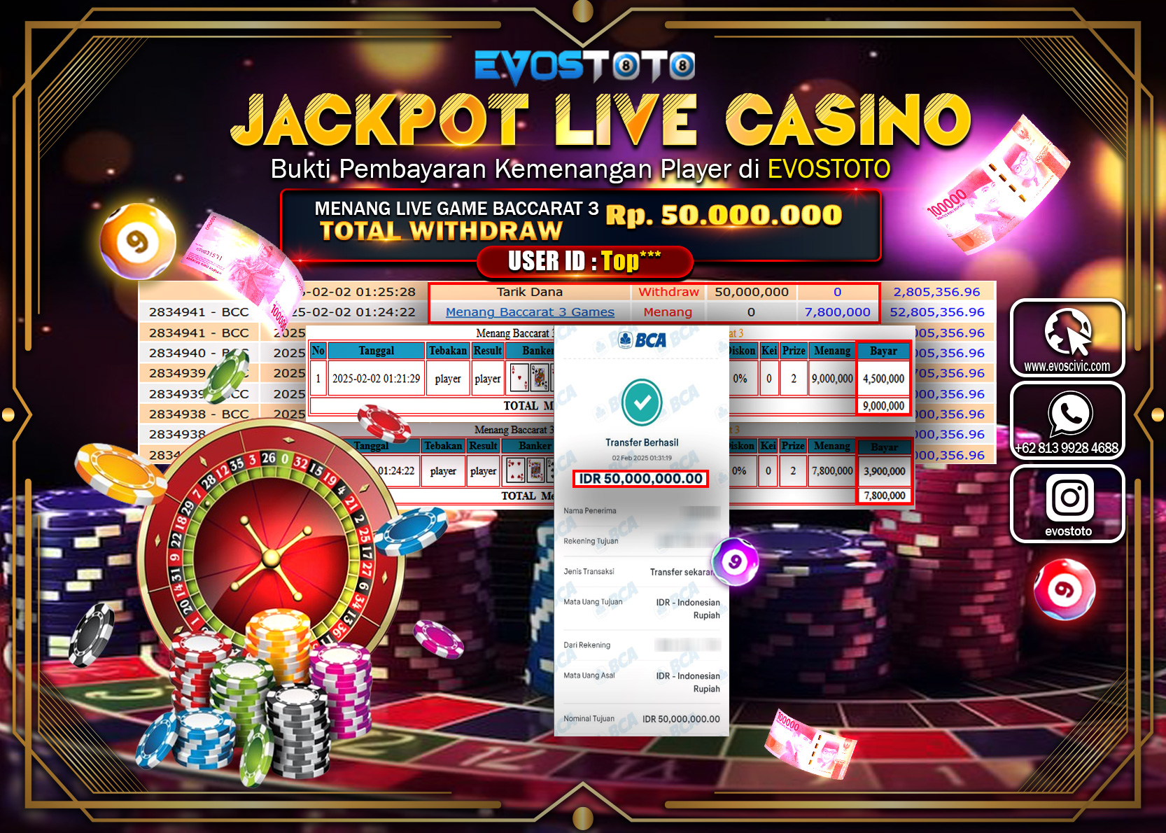 PEMBAYARAN JACKPOT LIVE GAME BACCARAT 3 Rp.50.000.000 DI BAYAR LANGSUNG !