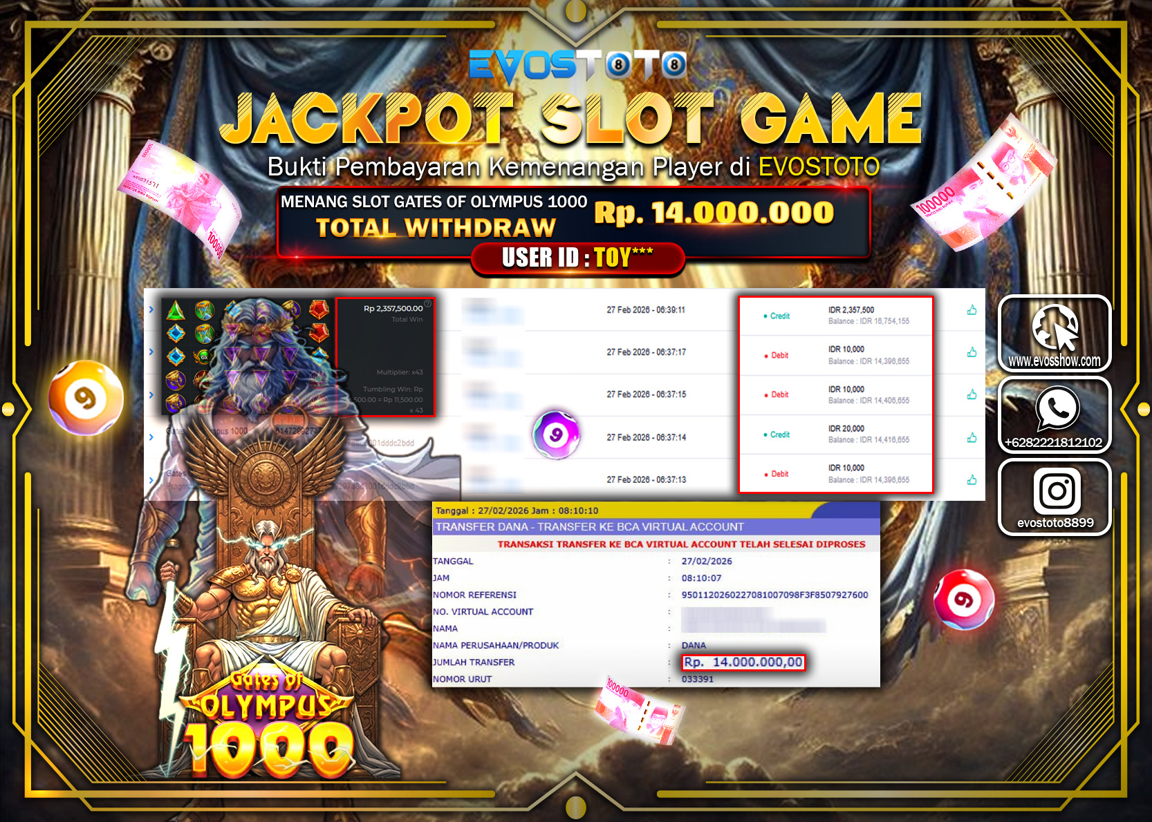 PEMBAYARAN JACKPOT SLOT GATES OF OLYMPUS 1000 Rp.14.000.000 DI BAYAR LANGSUNG !