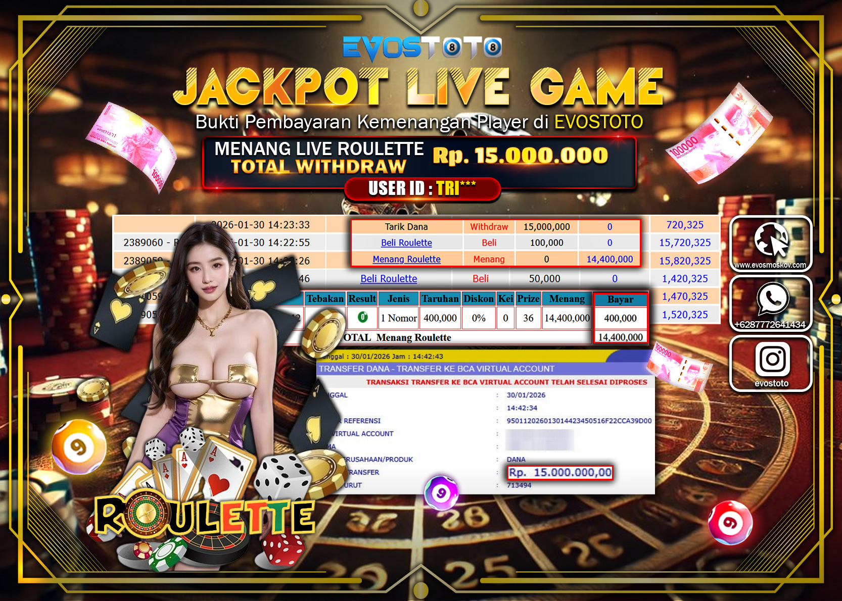 PEMBAYARAN JACKPOT LIVE ROULETTE Rp.15.000.000 DI BAYAR LANGSUNG !