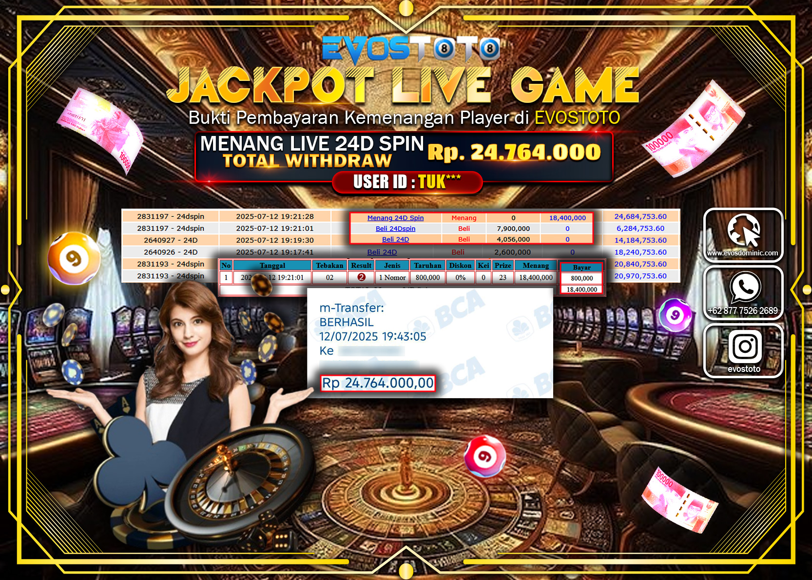 PEMBAYARAN JACKPOT LIVE GAME 24D SPIN  RP24.764.000 DI BAYAR LANGSUNG !