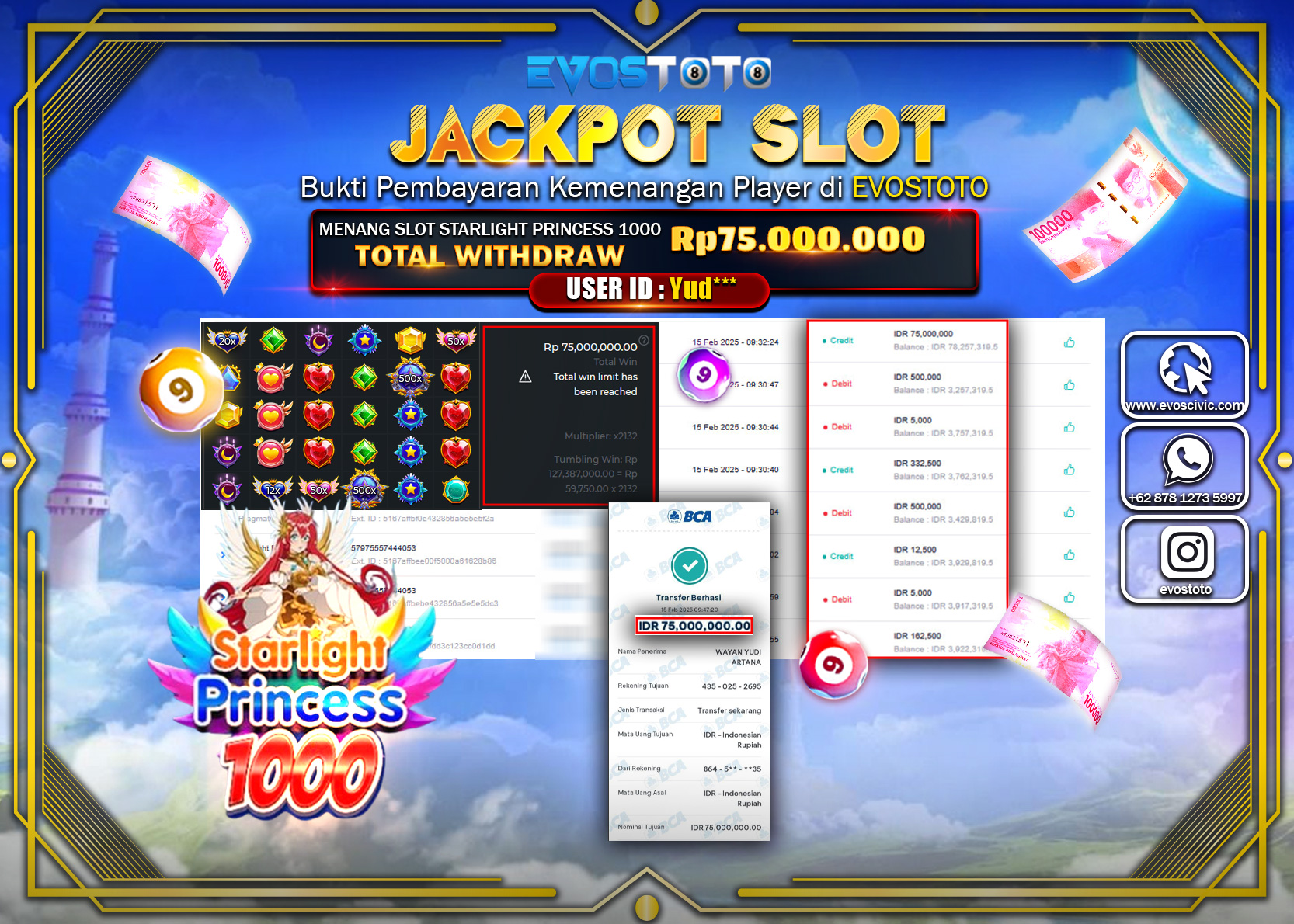 PEMBAYARAN JACKPOT SLOT STARLIGHT PRINCES 1000 Rp.75.000.000 DI BAYAR LANGSUNG !