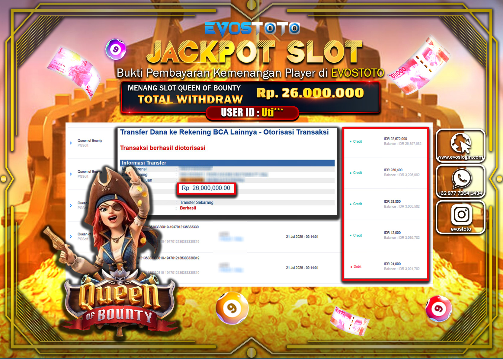 PEMBAYARAN JACKPOT SLOT QUEEN OF BOUNTY  Rp.26.000.000 DI BAYAR LANGSUNG !