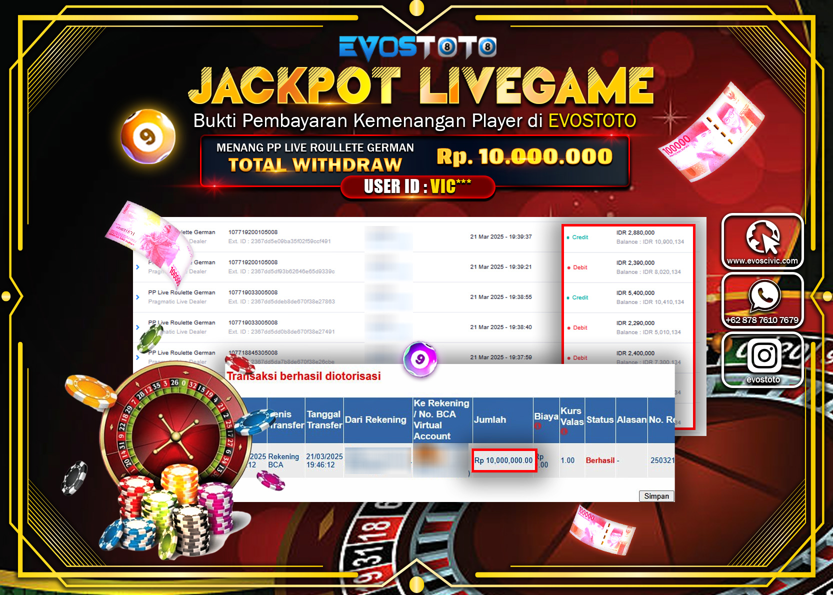 PEMBAYARAN JACKPOT CASINO ROULLETE GERMAN Rp.10.000.000 DI BAYAR LANGSUNG !