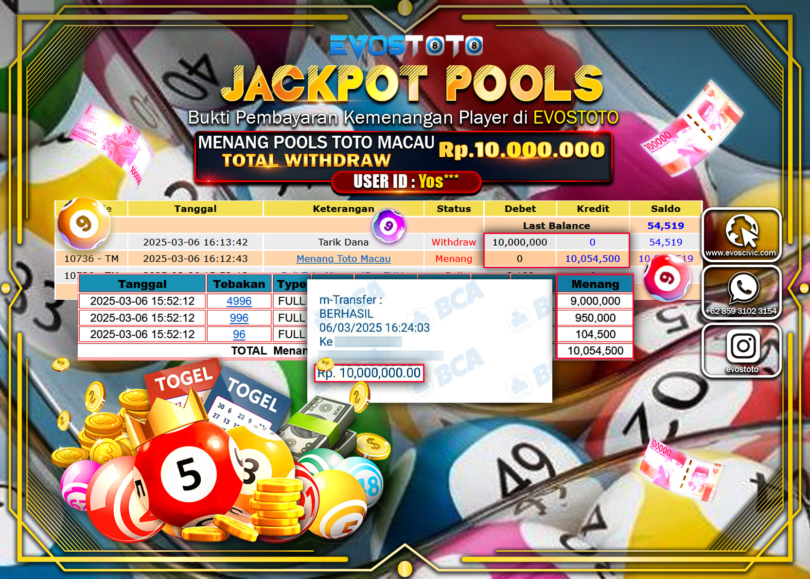 PEMBAYARAN JACKPOT POOLS TOTO MACAU 4D Rp.10.000.000 DI BAYAR LANGSUNG !