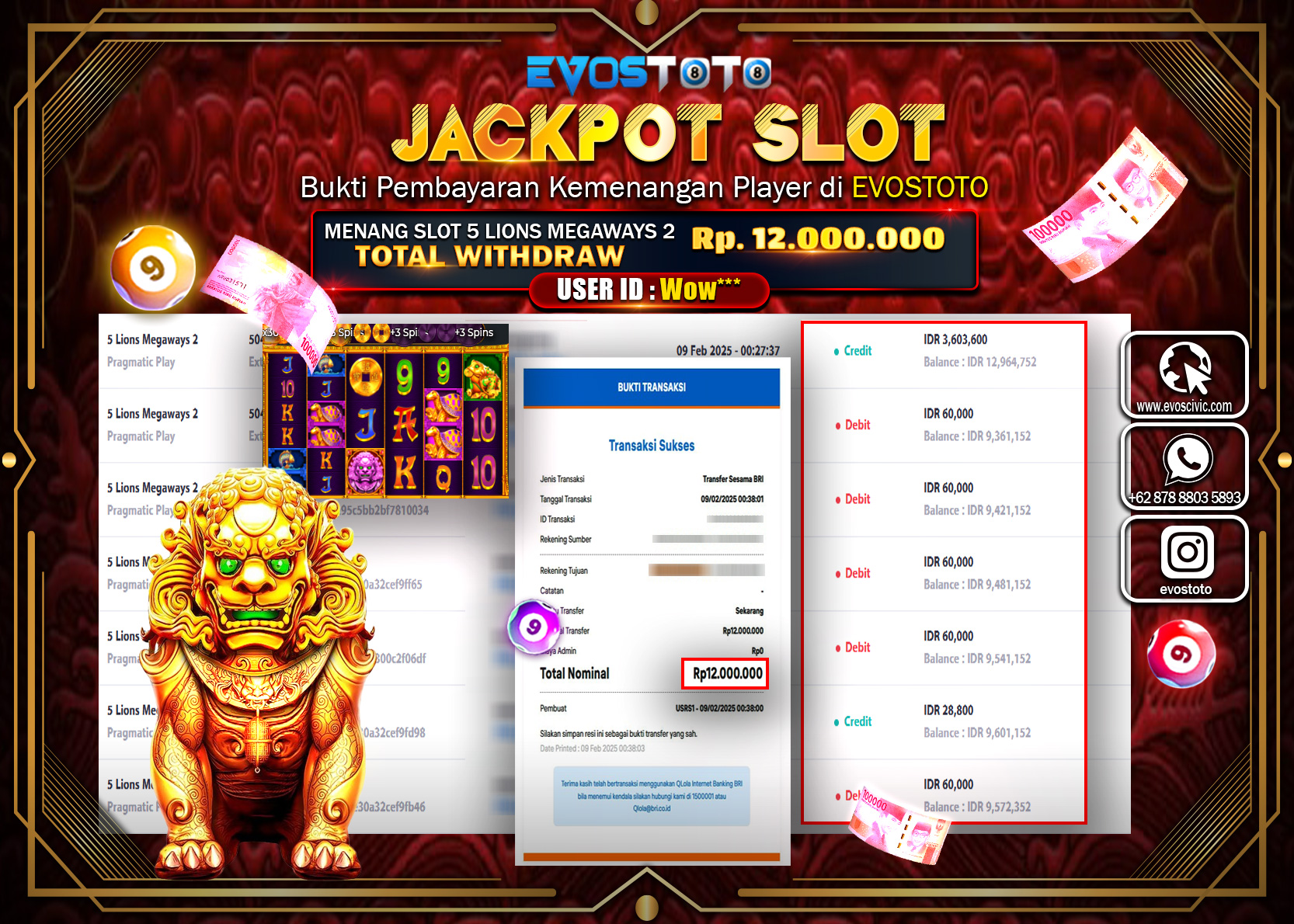 PEMBAYARAN JACKPOT SLOT 5 LIONS MEGAWAYS 2 Rp.12.000.000 DI BAYAR LANGSUNG !
