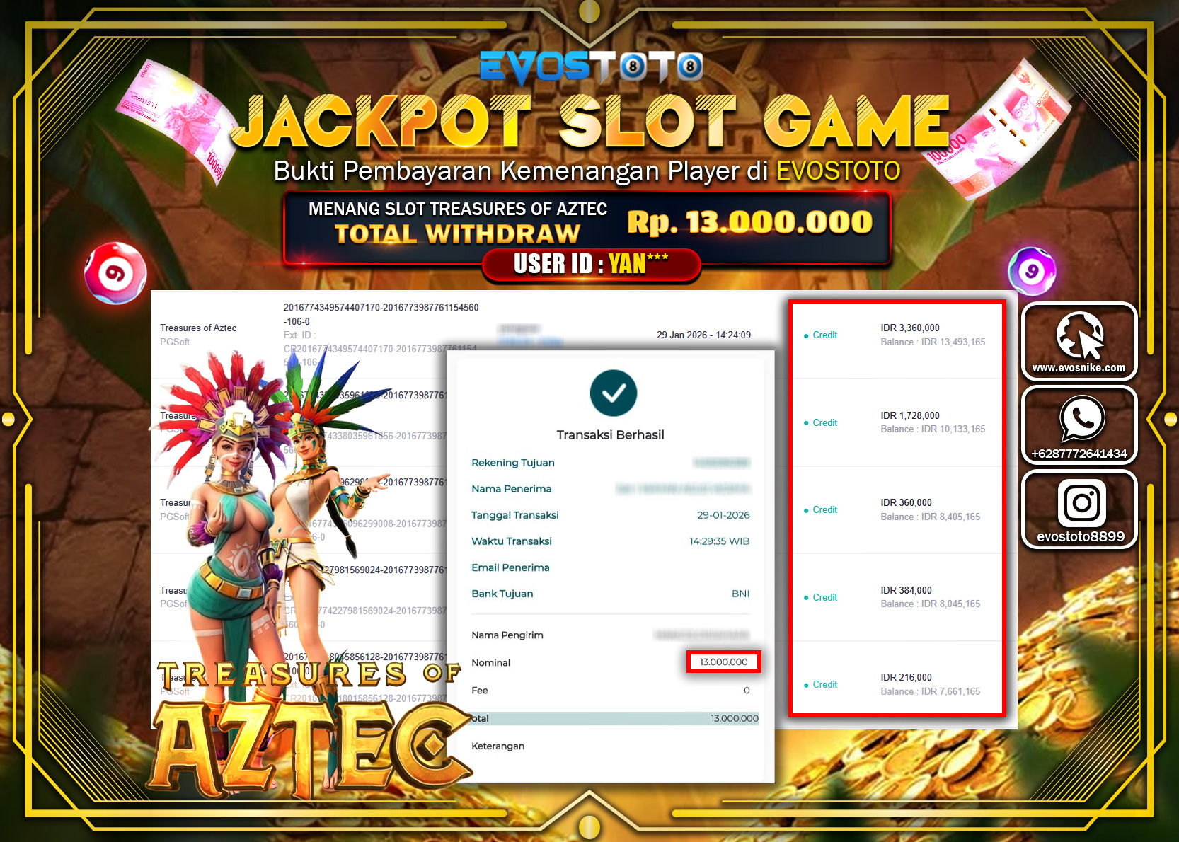 PEMBAYARAN JACKPOT SLOT TREASURES OF AZTEC Rp.13.000.000 DI BAYAR LANGSUNG !