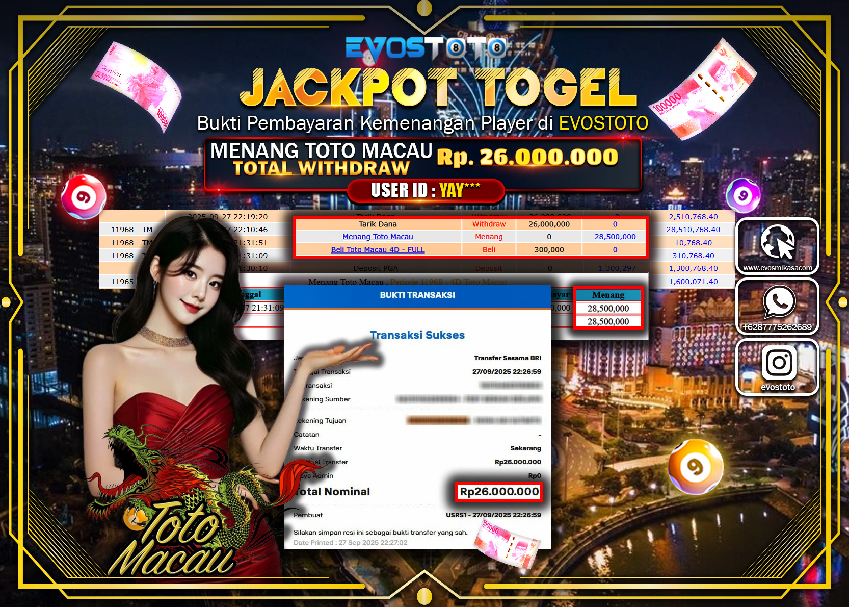 PEMBAYARAN JACKPOT TOGEL TOTO MACAU Rp26.000.000 DI BAYAR LANGSUNG !