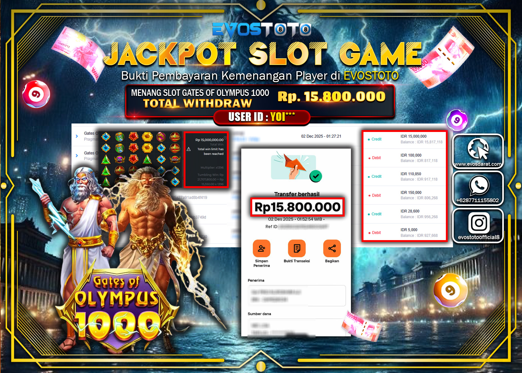 PEMBAYARAN JACKPOT SLOT GATES OF OLYMPUS 1000 Rp.15.800.000 DI BAYAR LANGSUNG !