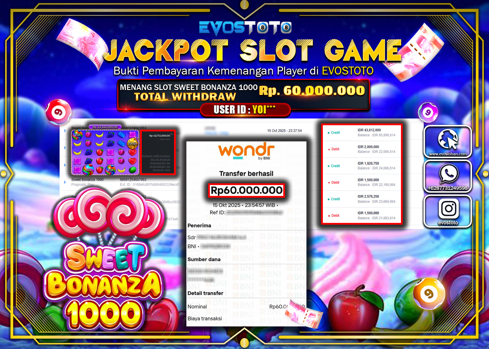 PEMBAYARAN JACKPOT SLOT SWEET BONANZA 1000  Rp60.000.000 DI BAYAR LANGSUNG !