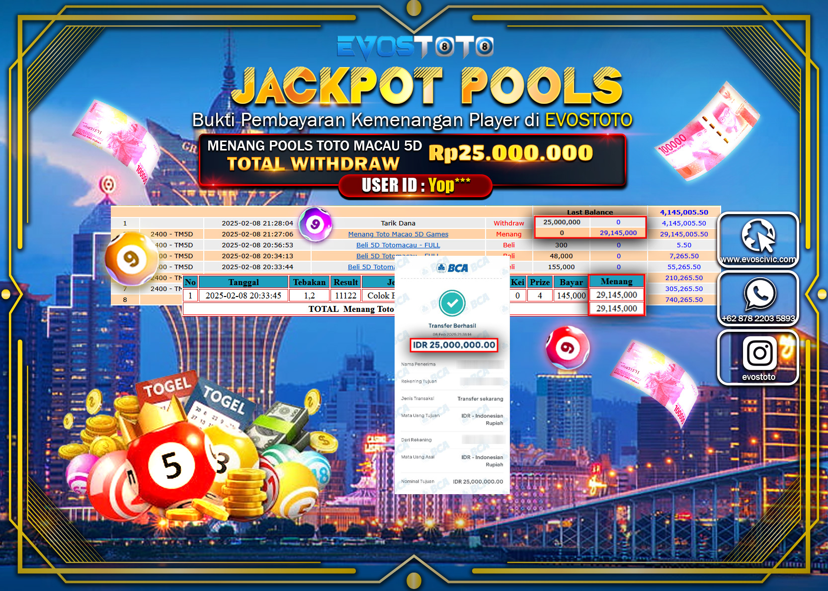PEMBAYARAN JACKPOT POOLS TOTO MACAU 5D Rp.25.000.000 DI BAYAR LANGSUNG !