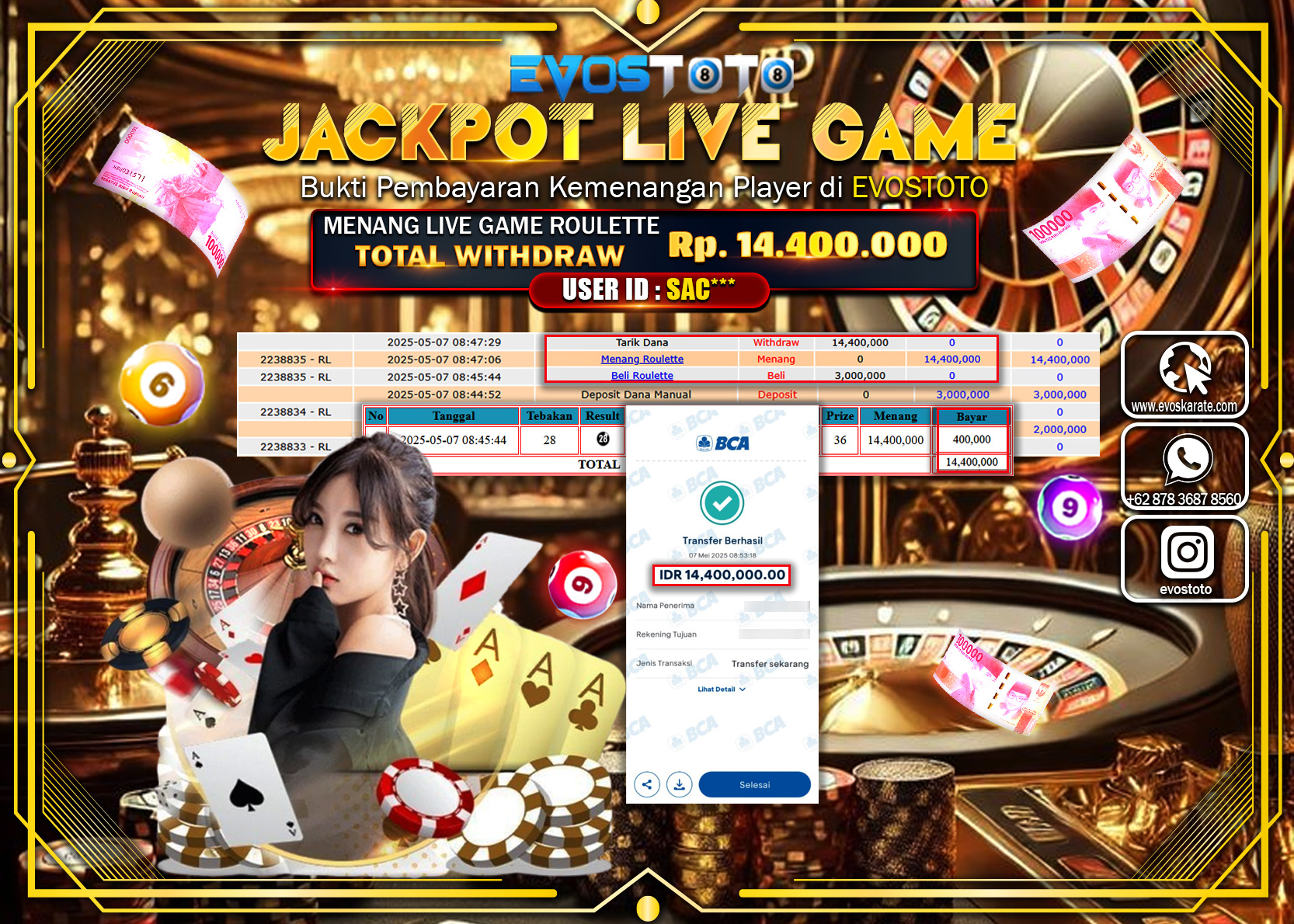 PEMBAYARAN JACKPOT LIVE GAME ROULLATE Rp.14.400.000 DI BAYAR LANGSUNG !