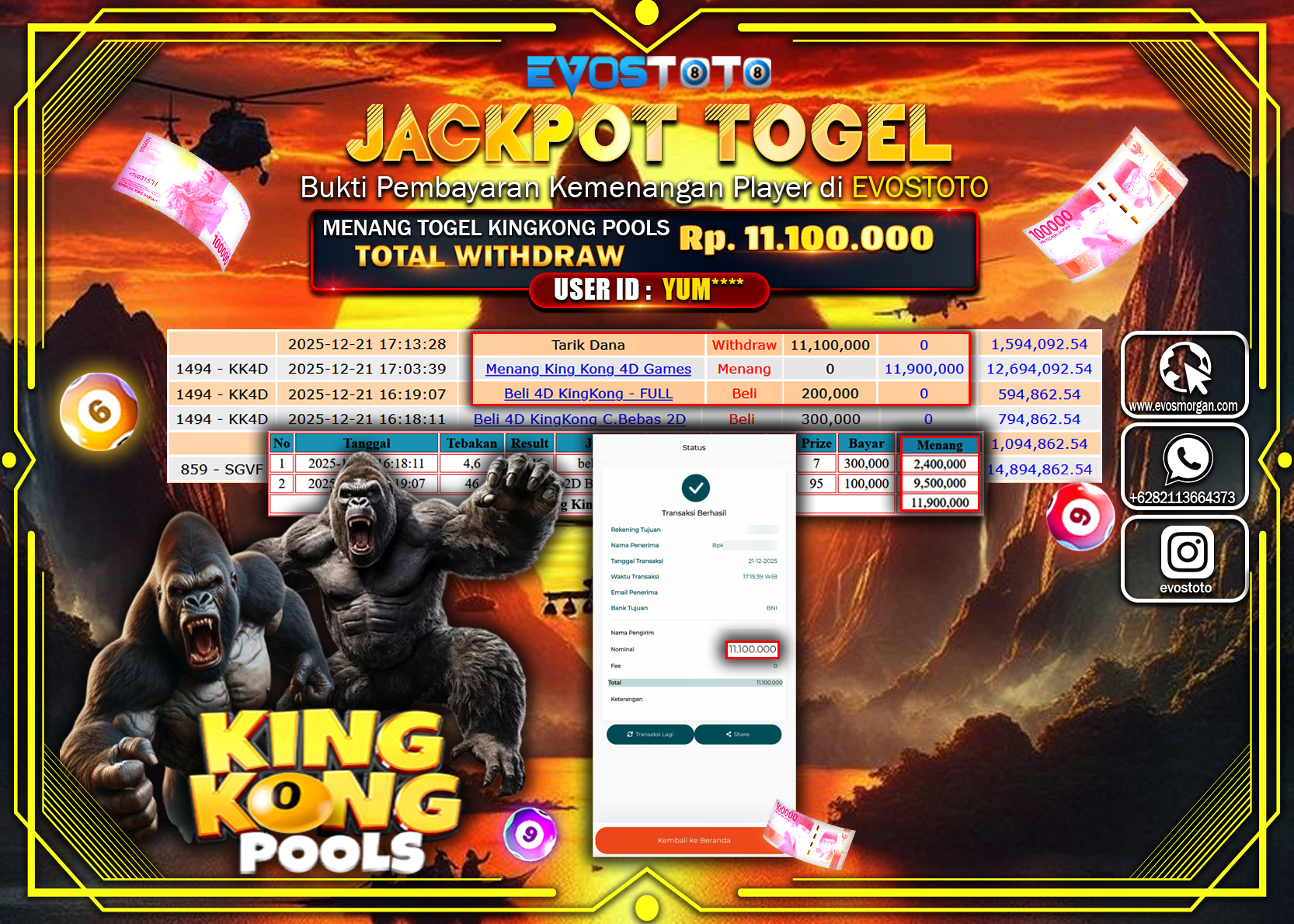PEMBAYARAN JACKPOT TOGEL KINGKONG POOLS Rp.11.100.000 DI BAYAR LANGSUNG !